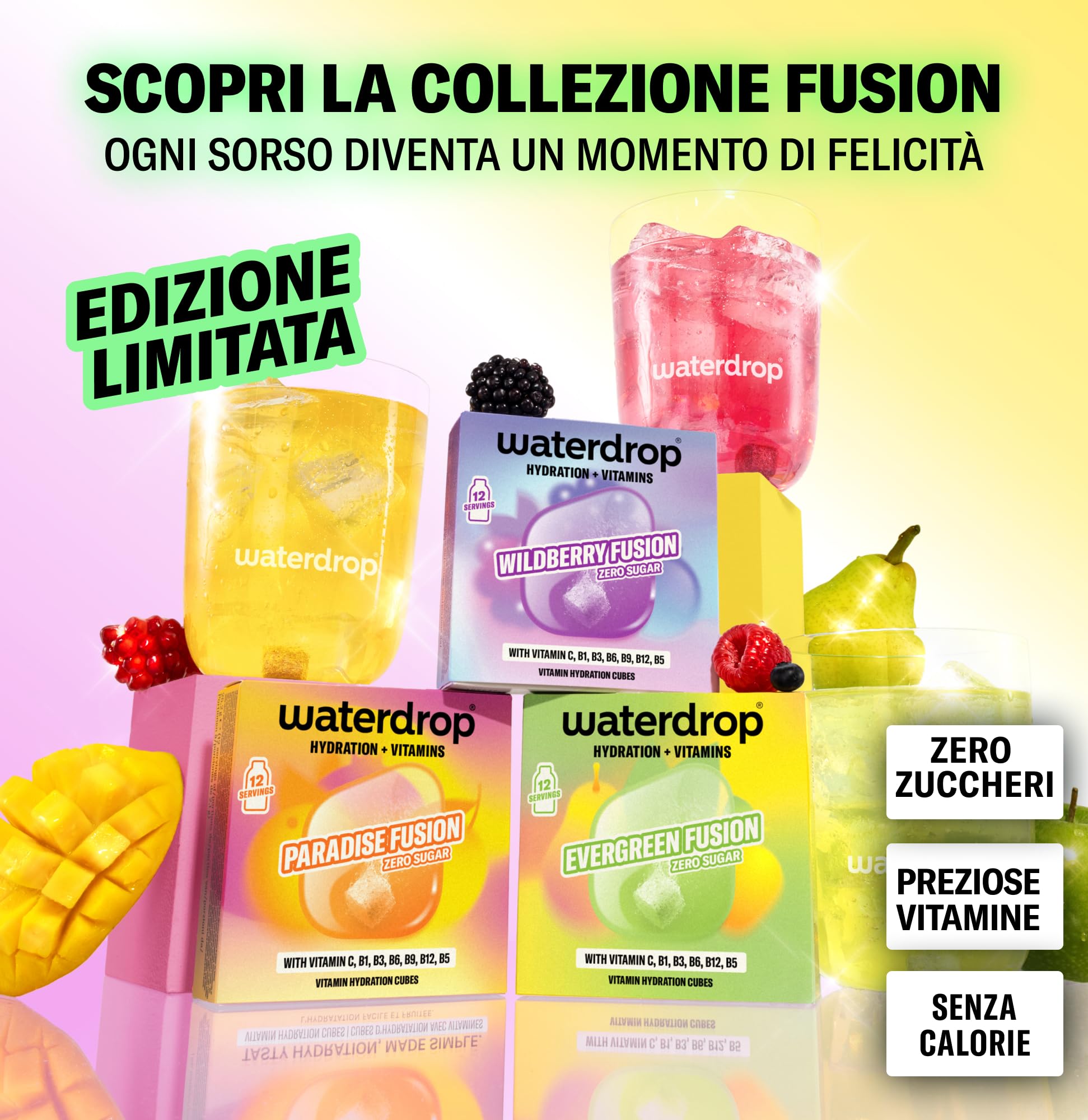 waterdrop® FUSION COLLECTION - Cubetti per Acqua - 36 Cubi (3x12) Mix di Frutta - Senza Zucchero con Vitamina C e Vitamina B12 - Alternativa ai Succhi di Frutta - Perfetto per Acqua Naturale - 5 kcal