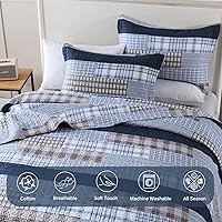 Vista 4 de Finlonte Edredón tamaño Queen, 100 % algodón, colchas tamaño Queen a cuadros azules, beiges y blancas, colcha ligera, suave, transpirable