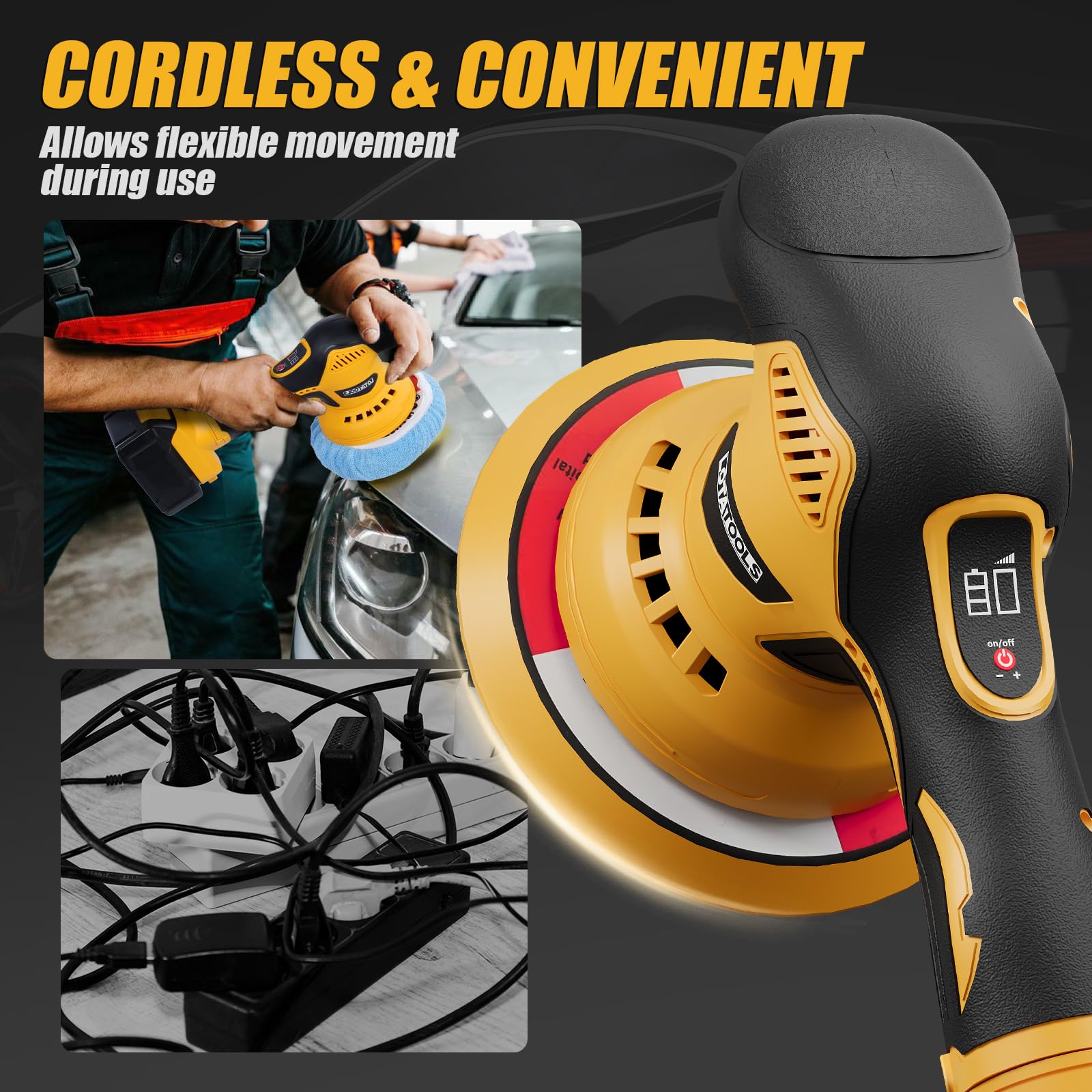 Pulidora para detalles de coche compatible con batería Dewalt de 20 V, pulidora de hasta 5500 rpm, amortiguador orbital inalámbrico para coche Pulidora de Autos 6 velocidades variables