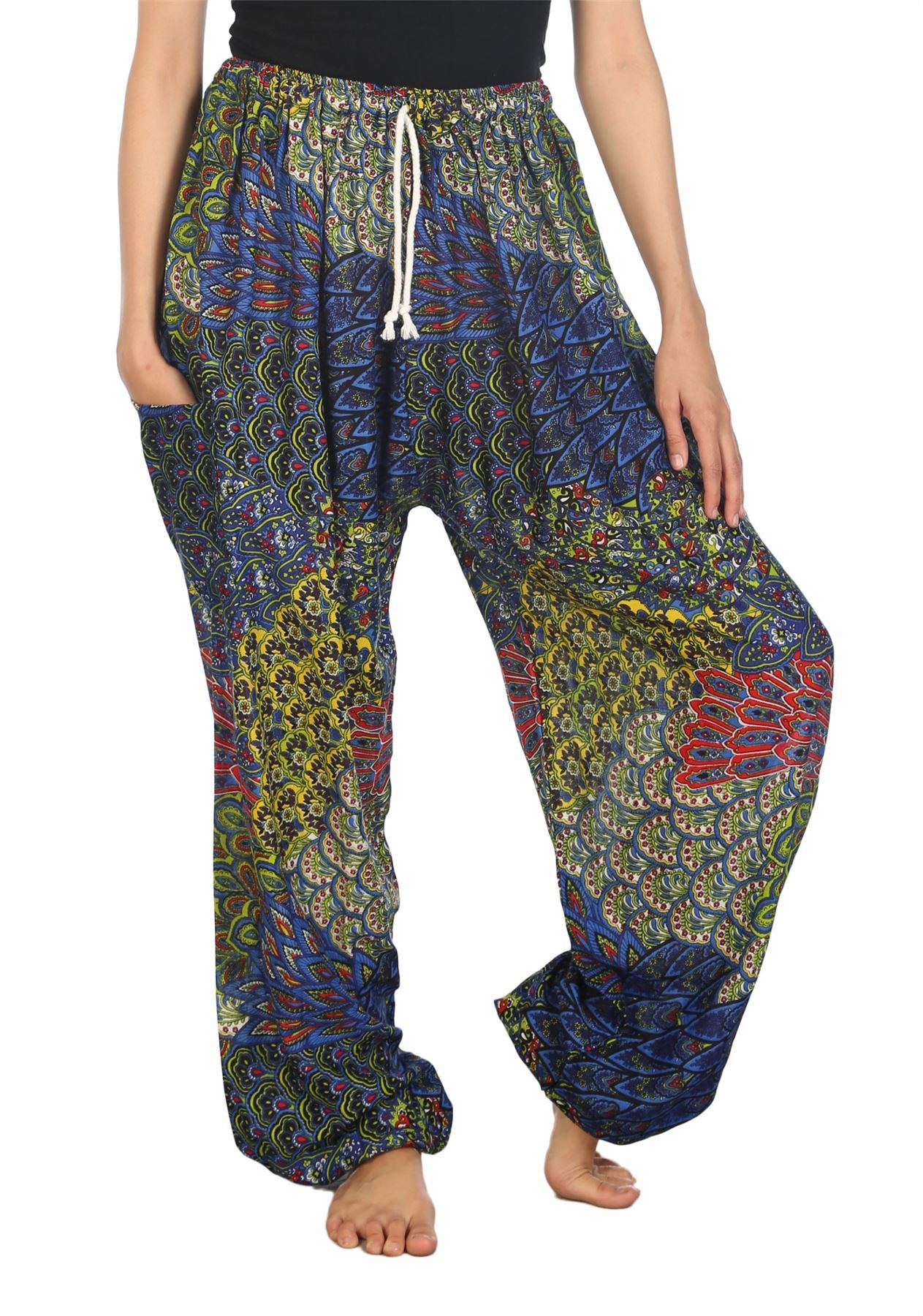 Lofbaz Women's Peacock Drawstring Harem Boho Pants Blue B 4XL
