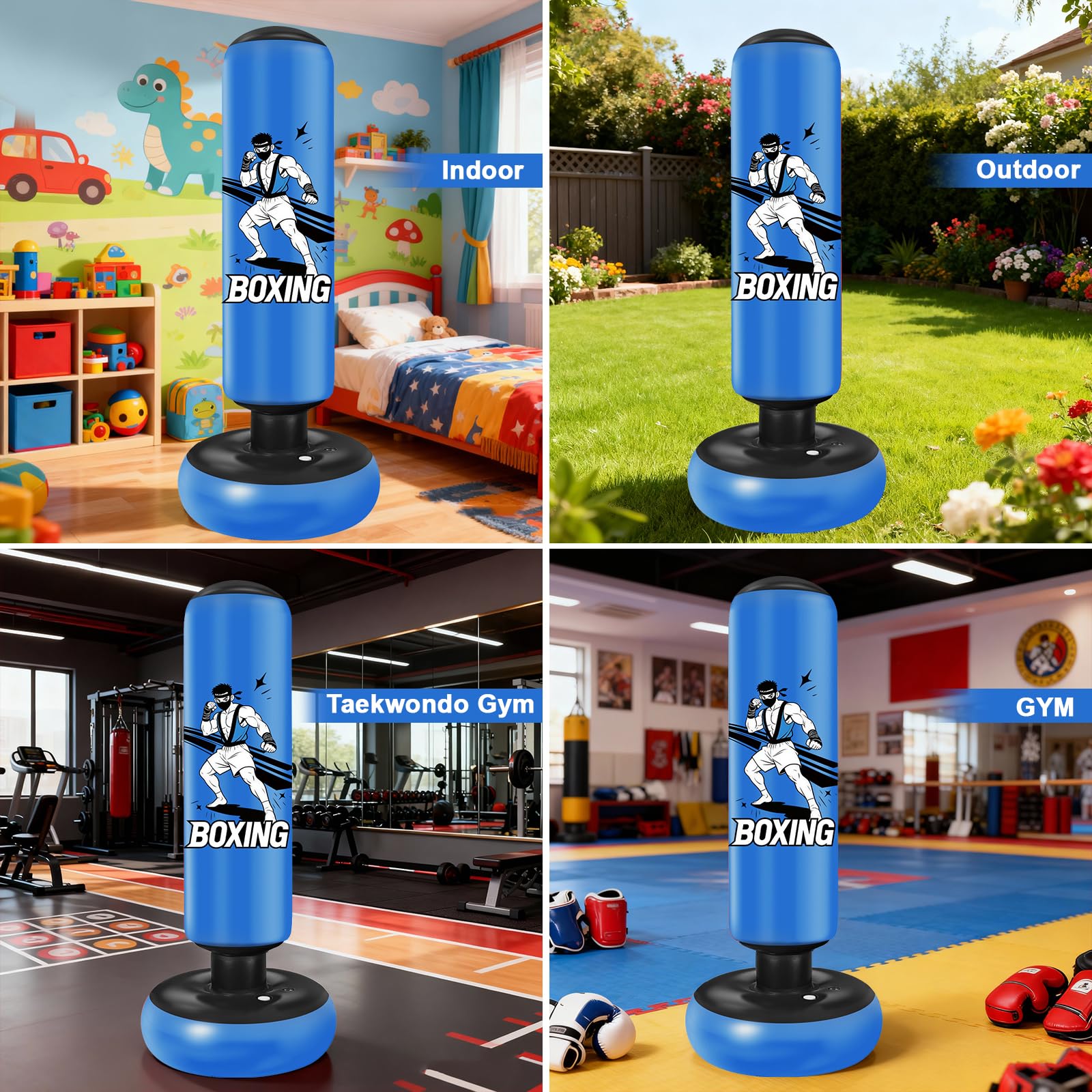 Boxsack für Kinder, 168cm Boxsack Stehender, Aufblasbarer Standboxsack mit Boxhandschuhe und Luftpumpe, Boxing Bag, Geschenk für Jungen & Mädchen von 6–15 Jahren Üben von Karate, Kickboxen,Taekwondo