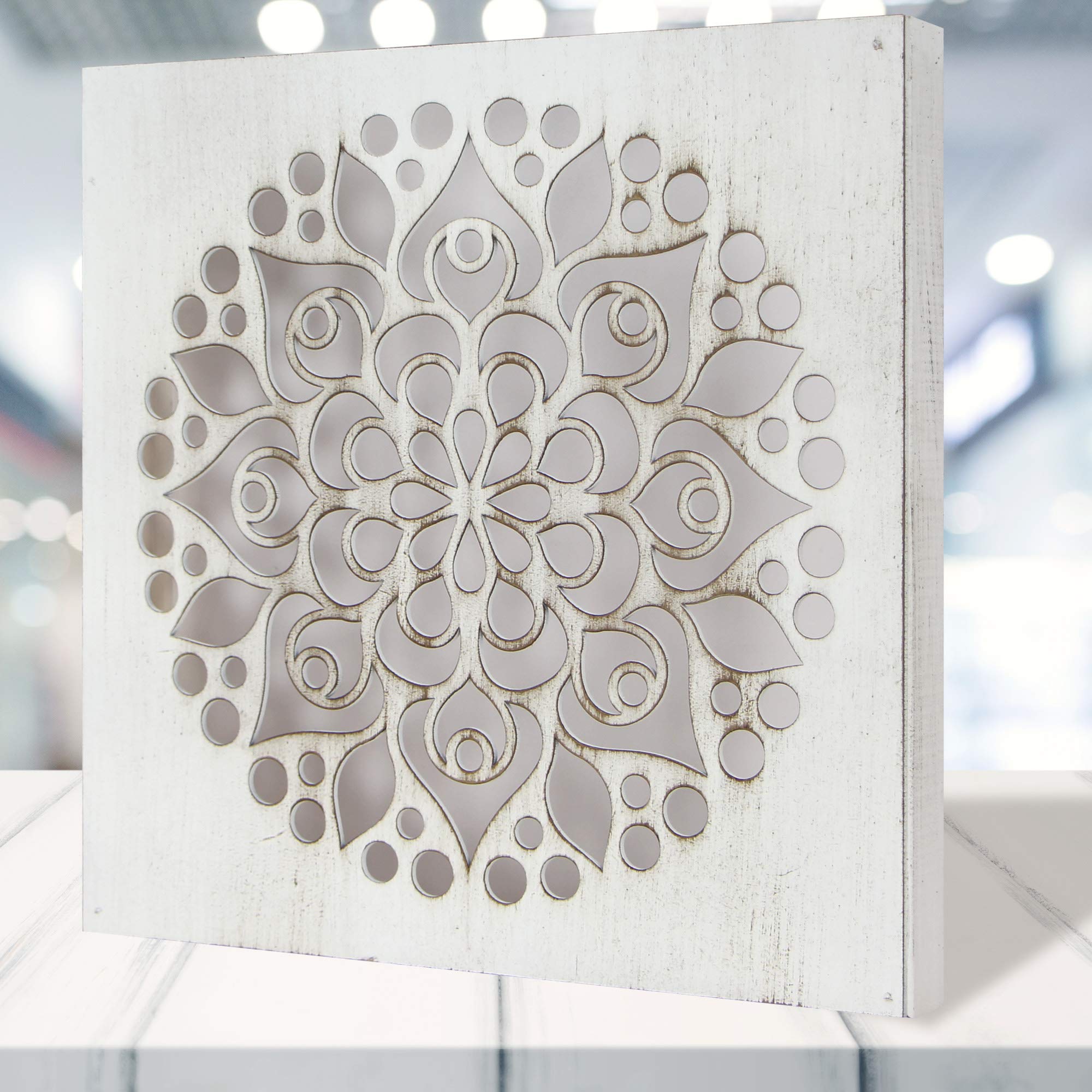 Cuadro Mandala de Pared Calada, Fabricada artesanalmente en España- Mandala 3D Cuadrada Pintada a Mano- Modelo Mosaico 104 (Blanco Envejecido, 50X50)
