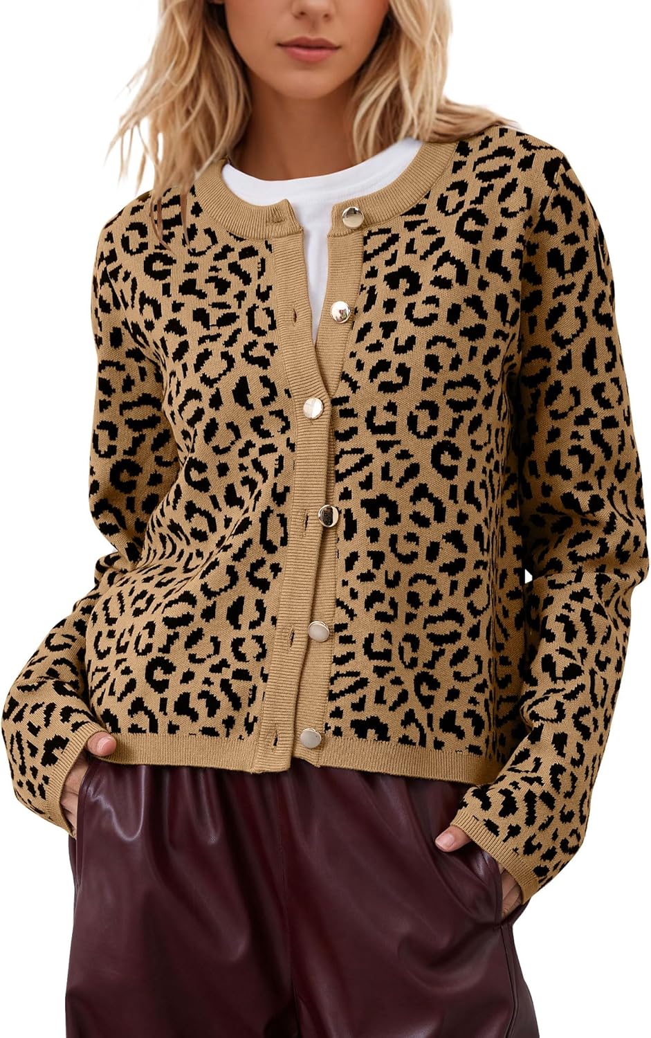 Leopard Cardigan Long Sleeve Open Front Button Up Cheetah Print Top Leopard Sweater Coat Cropped Cardigan Jackets