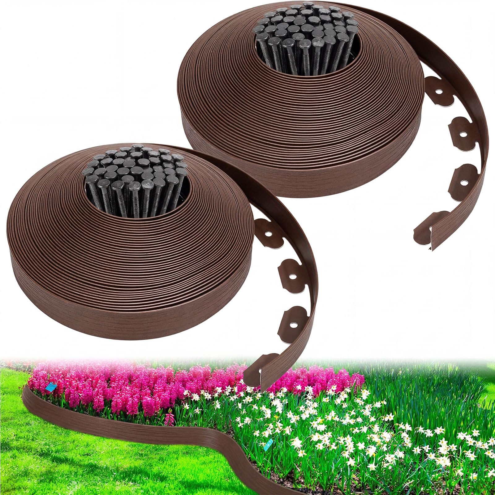 Sasylvia Kit per bordatura paesaggistica, lunghezza 61 m, senza scavare, il kit include 60 punte di ancoraggio, 10 connettori, 5,1 cm di altezza, bordo in plastica, per prato, giardino, erba, cortile,