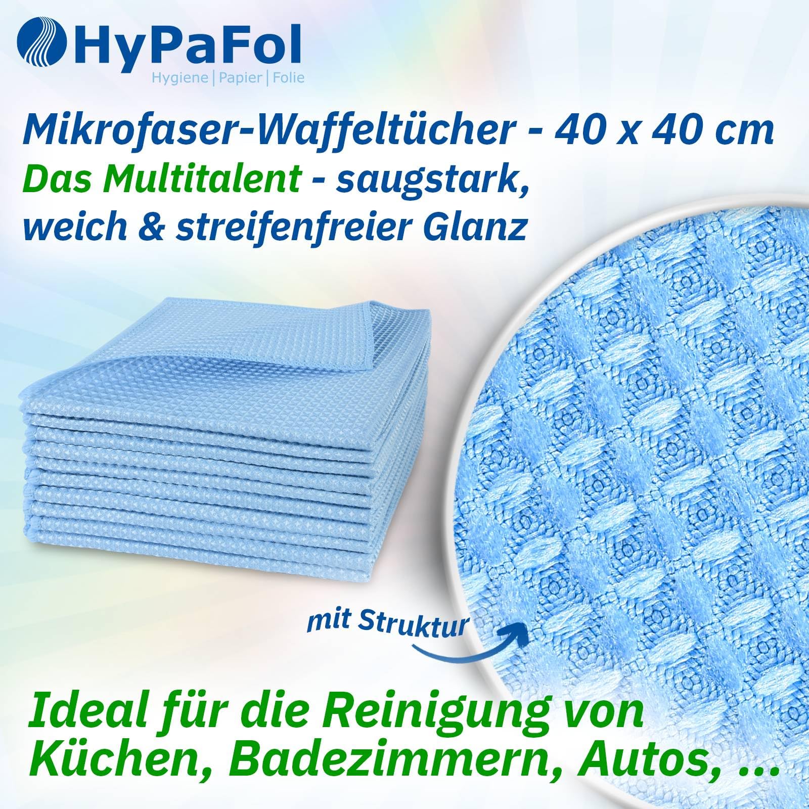 Hypafol Mikrofasertücher 50 Stück à 40x40 cm I Waffeltücher mit Randeinfassung zum Trocknen & Polieren I Saugstark & weich I Putzlappen zur streifenfreien Reinigung von Küche, Bad, Auto & Co.