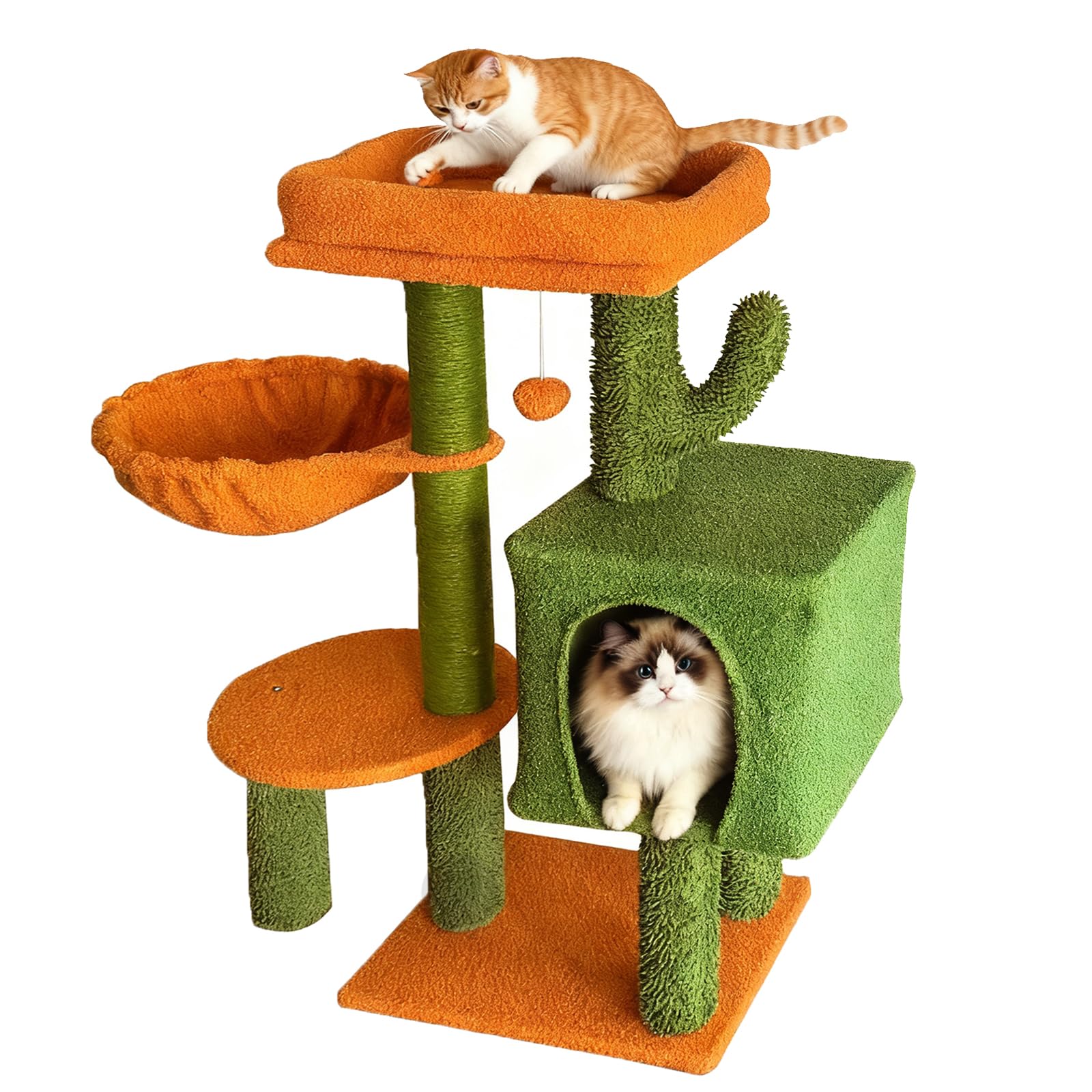 Cactus Cat Tree, Cute Cat Tower with Cozy Hammock, Removable Top Bed Perch, Condo, Scratching Posts, Natural Sisal Rope, Cat Toy Hanging Ball for Indoor Cats, Bright Green