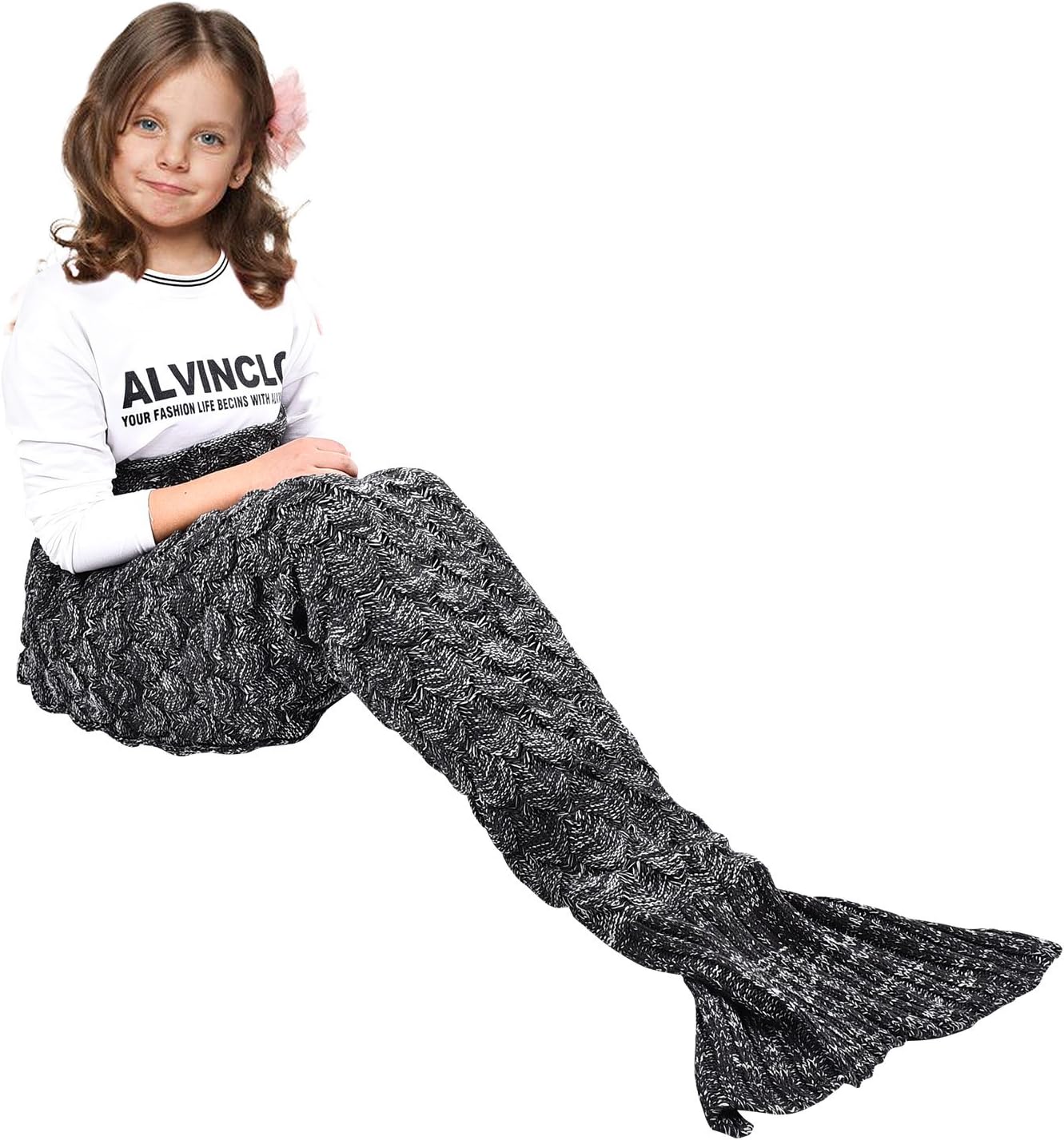 yashidali Wearable Mermaid Tail Blanket Crochet, All Seasons Warm Knitted Bed Blankets Sofa Living Room Quilt for Kids, Fish-Scales Pattern, 55.1" x 27.6" (140 x 70cm), Black