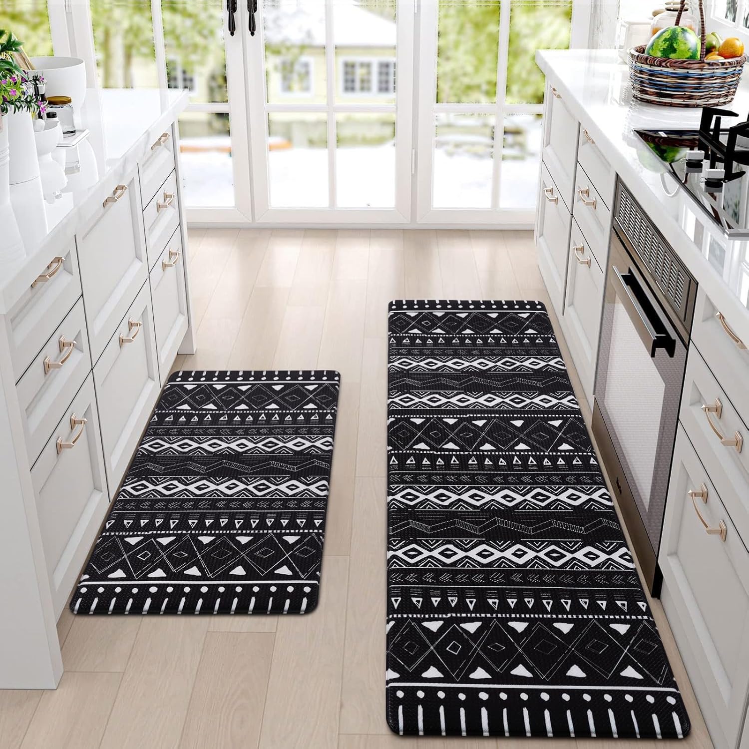 Boho Kitchen Rugs Set 2 Piece, Anti Fatigue Kitchen Mats for Floor, Kitchen Rugs and Mats Non Skid Washable, PVC Waterproof Kitchen Mats, Comfort Standing Mat Runner, 17'' x 47'' + 17'' x 30'' Black Boho 17"×47"+17"×30"