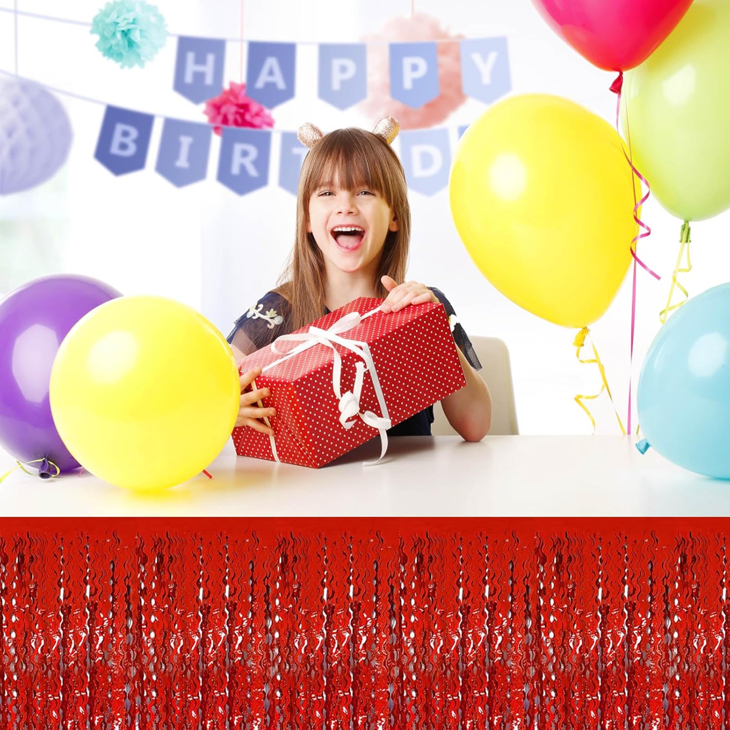 6Pack 29 x108 Inch Red Wave Foil Fringe Table Skirts Metallic Banner for Tinsel Streamer Garland Backdrop for Parade Floats, Mother's Day, Easter, Graduate, Birthday, Wedding Party Decoration