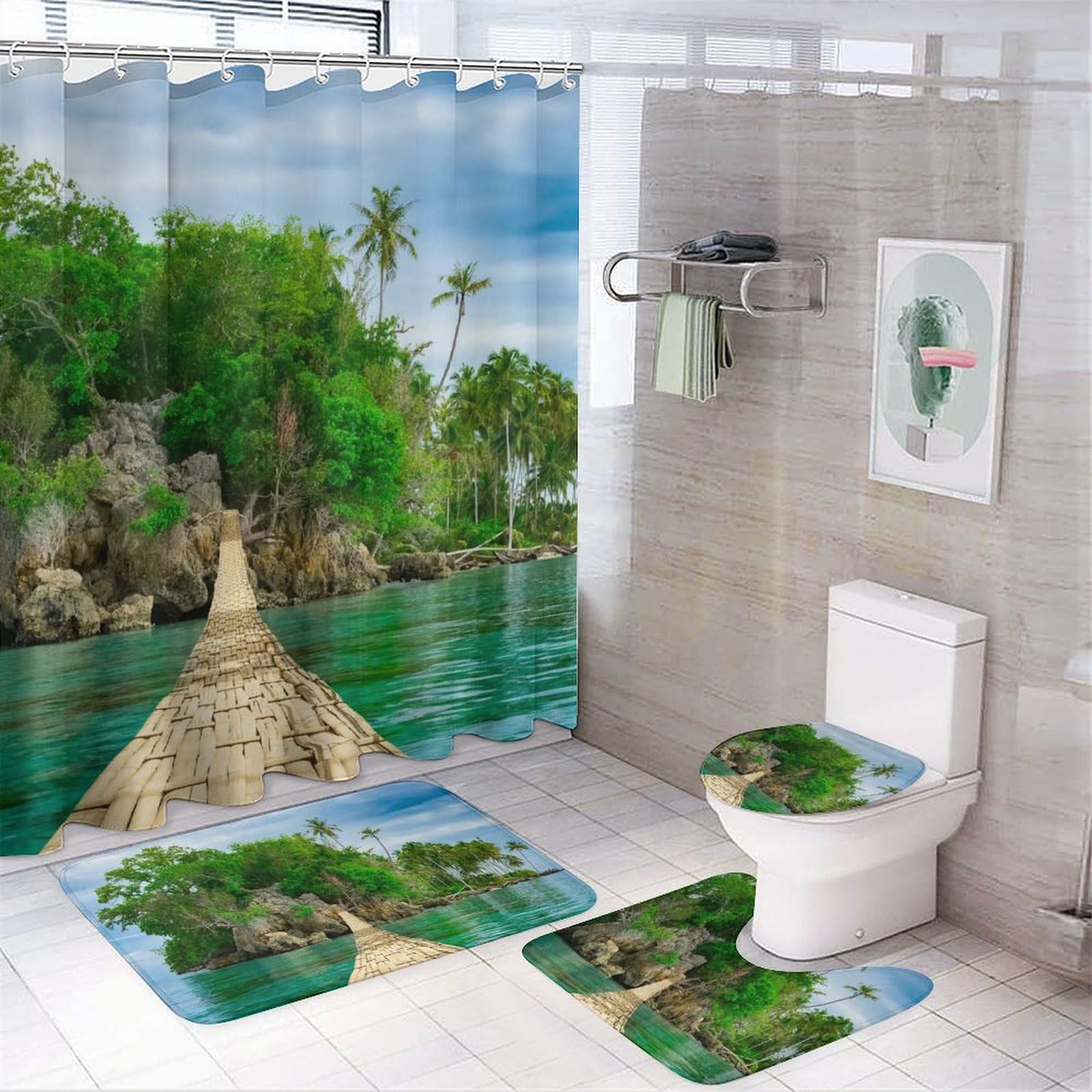 Rideau de douche et tapis antidérapant assortis pour créer une ambiance spa à la maison