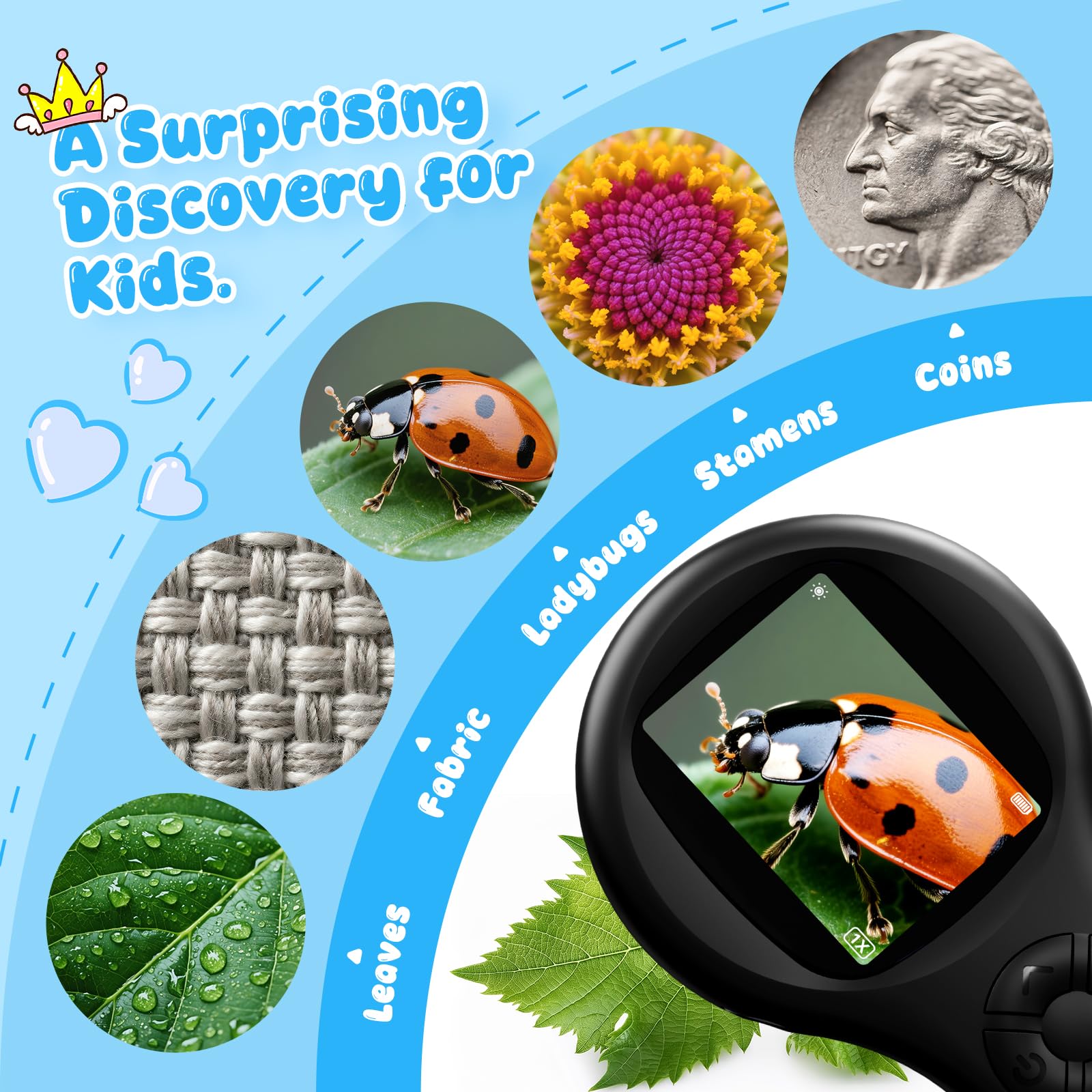 Microscopio per bambini 200X- 2 Pollici Microscopio Portatile con 8 LED Regolabili, MicroscopioDigitale Supporta la Registrazione di Foto e Video, Regalo di Natale per Bambini dai 3-12 Anni (Nero)