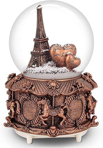 Miniatura 3 de QTKJ Globo musical de nieve de París con luces LED que cambian de color, globo de nieve de torre Eiffel con base redonda, colección de recuerdos de