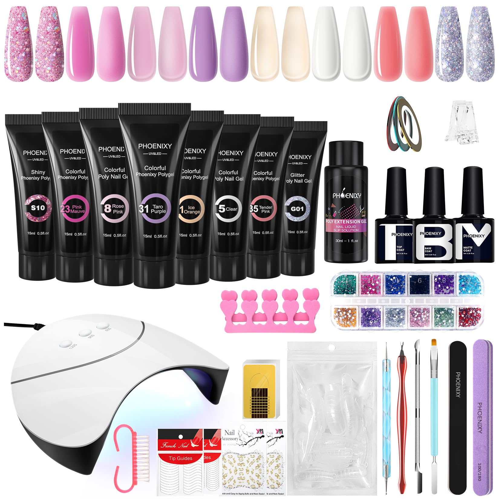PHOENIXY Poly Nail Gel Extensions Kit, 8 Colours 15ml Poly Builder Gel Nail Kit with 36W UV/LED Nail Lamp Professional Nail Art at Home Gift for Women