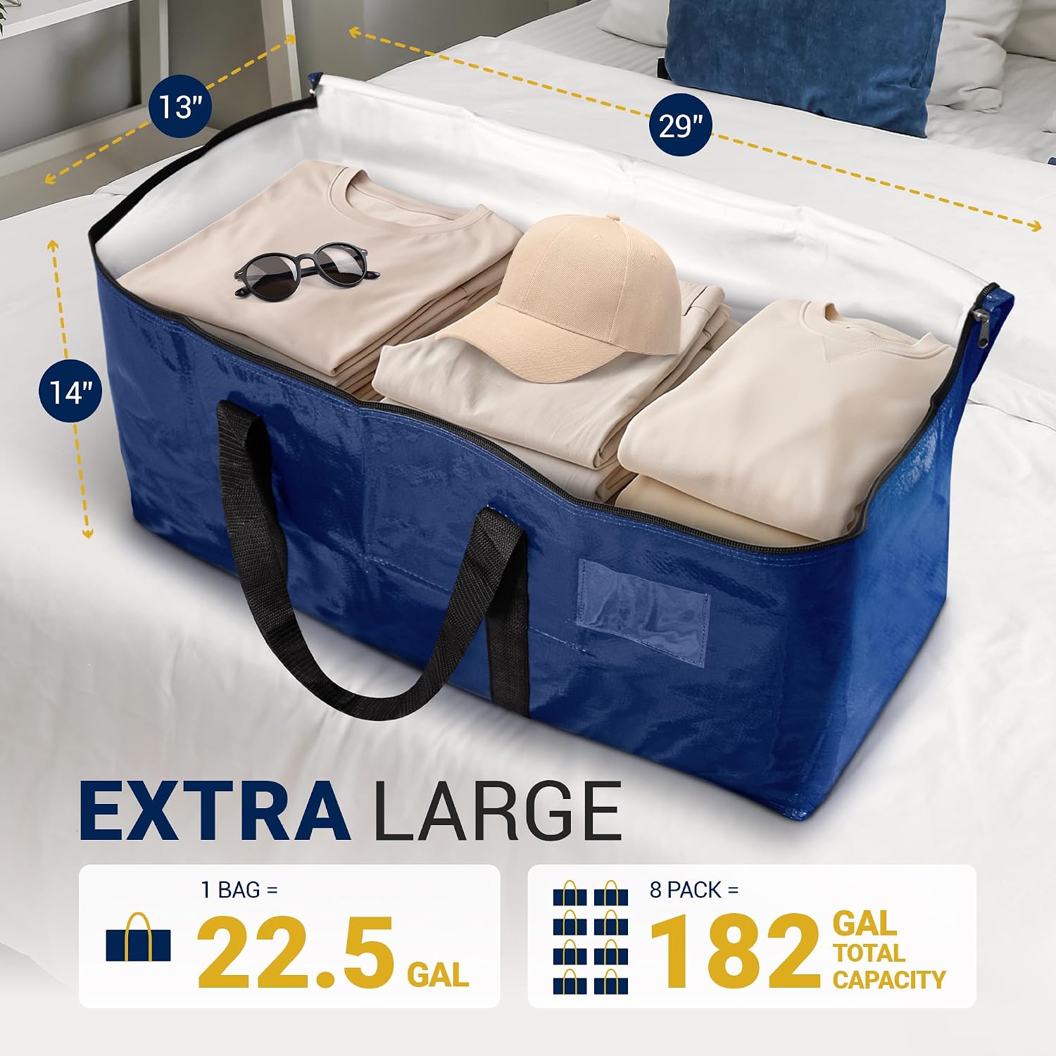 Reli. Moving Bags Heavy Duty (8 Pack) | Extra Large Totes for Storage & Packing | Small Space & Dorm Room Essentials | Packing Bags with Handles & Zippers | Alternative to Moving Boxes (Blue)
