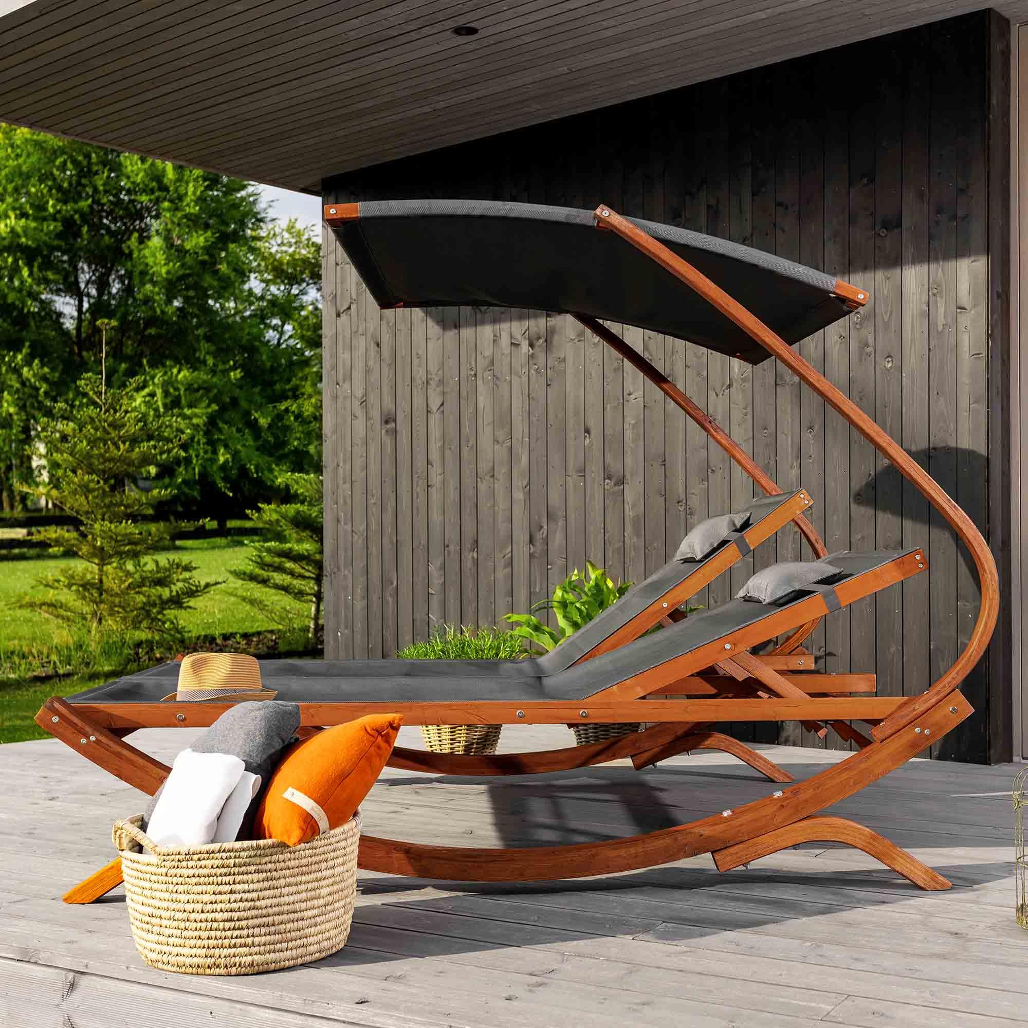 di volio Doppelliege aus Lärchenholz mit Dach für 2 Personen Outdoor Pionza | 280 kg belastbar, getrennt verstellbare Rückenlehnen, Sonnendach, Kopfkissen, Teslin-Gewebe, Terrasse, Garten, Pool