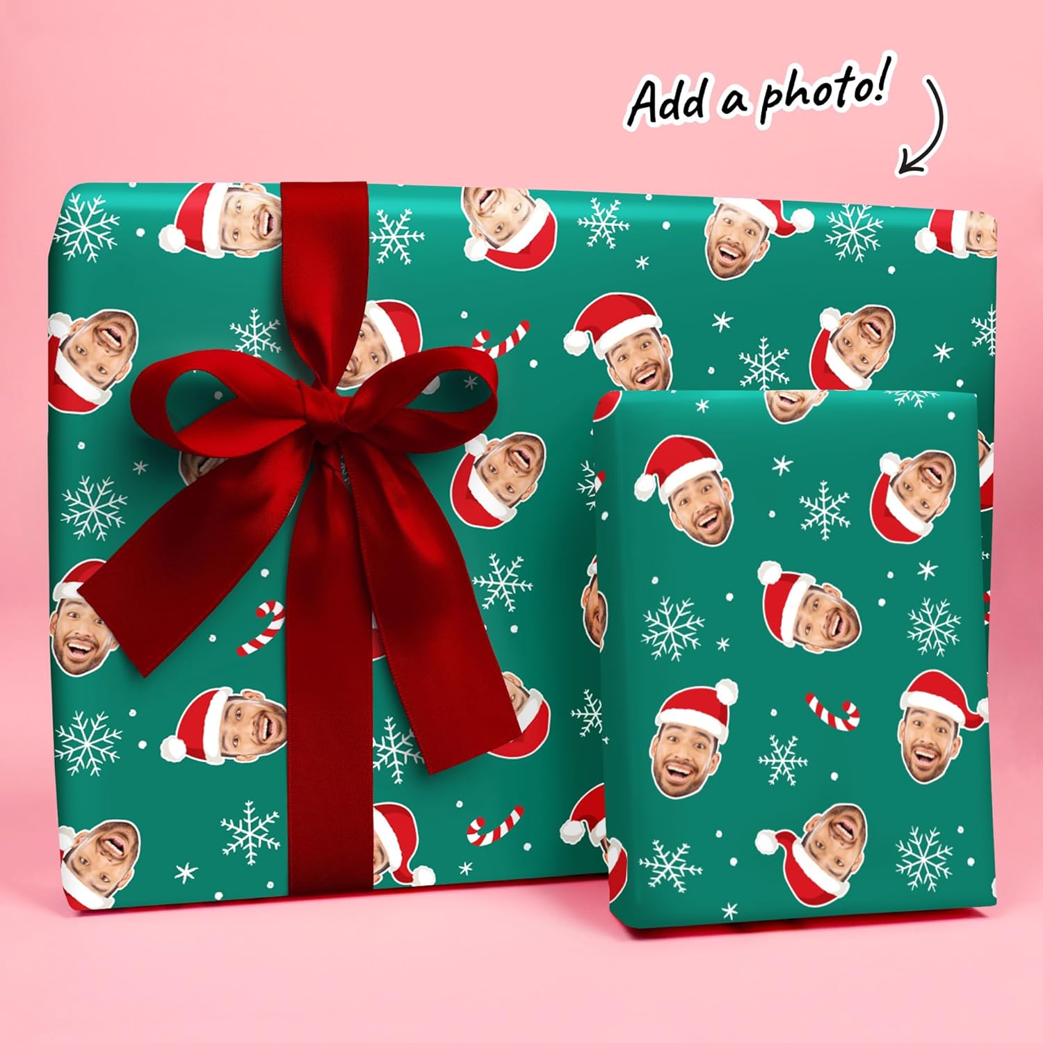 Big Dot of Happiness Santa Claus Green Personalized Photo Christmas Wrapping Paper, Funny Custom Face Holiday Gift Wrapping Paper Roll, Santa Kids Wrapping Paper, 24 in x 7 feet (1 Fun Face, 1 Roll)