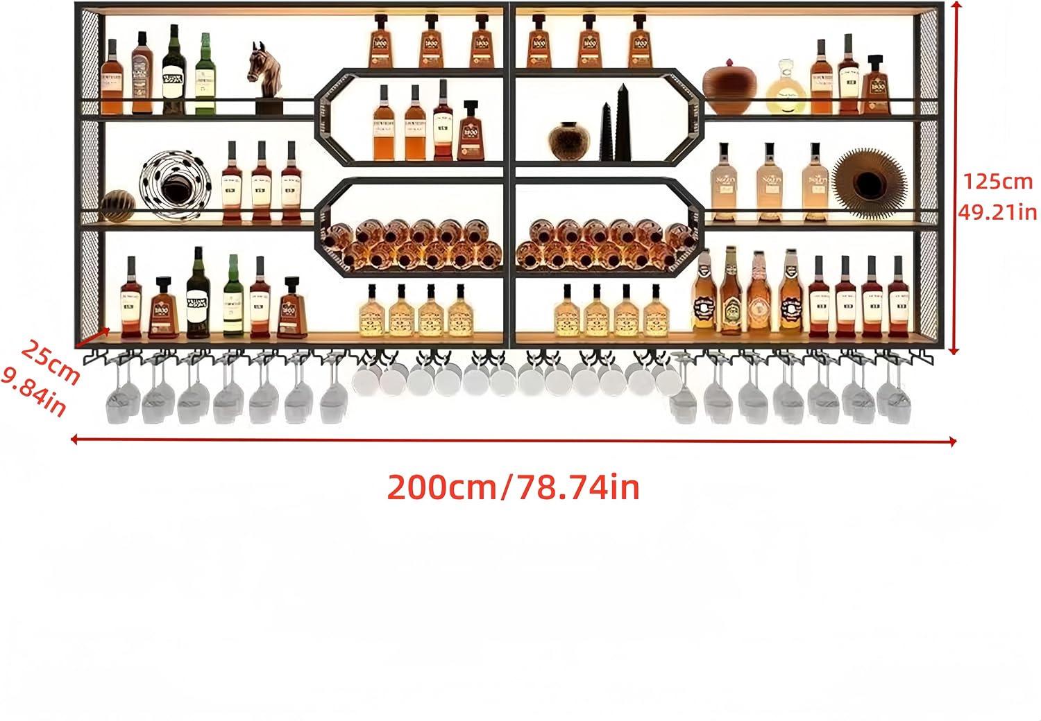 79 Inch 4-Tier Wine Rack Wall-Mounted & Large Bar Shelf for Liquor Bottles, Black Metal Storage for Wine and Liquor Bottles in Home Bars or Dining Rooms (No Lighting)