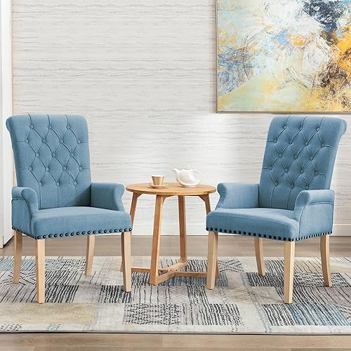 Miniatura 8 de LOULENS Sillas de comedor de tela, sillas tapizadas con reposabrazos capitoné, sillas decorativas con ribete de cabeza de clavo, patas de madera