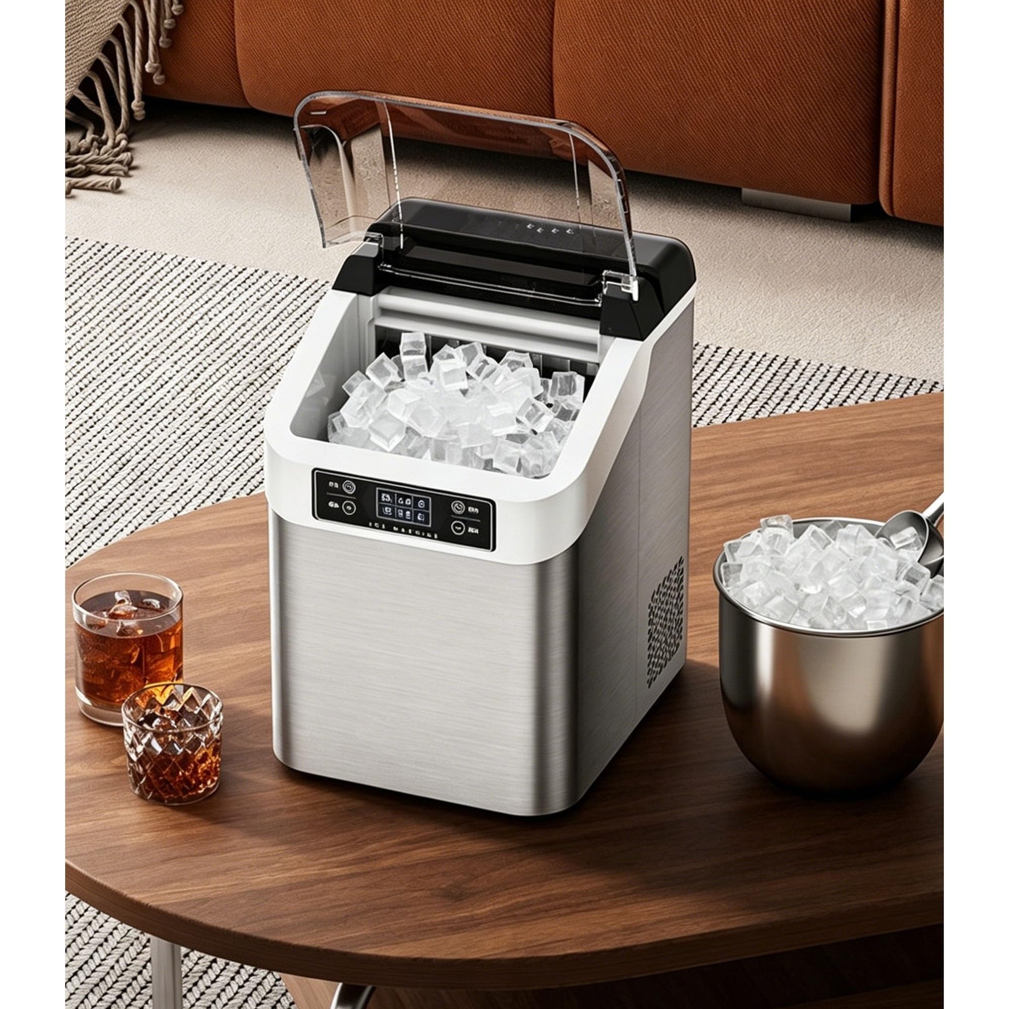 Tisch-Eiswürfelmaschine, Tragbare Eiswürfelmaschine, 30kg/Tag, Intelligentes Display, Auto-Reinigung, für Kleine Partys, Schlafsäle, Camping(B)