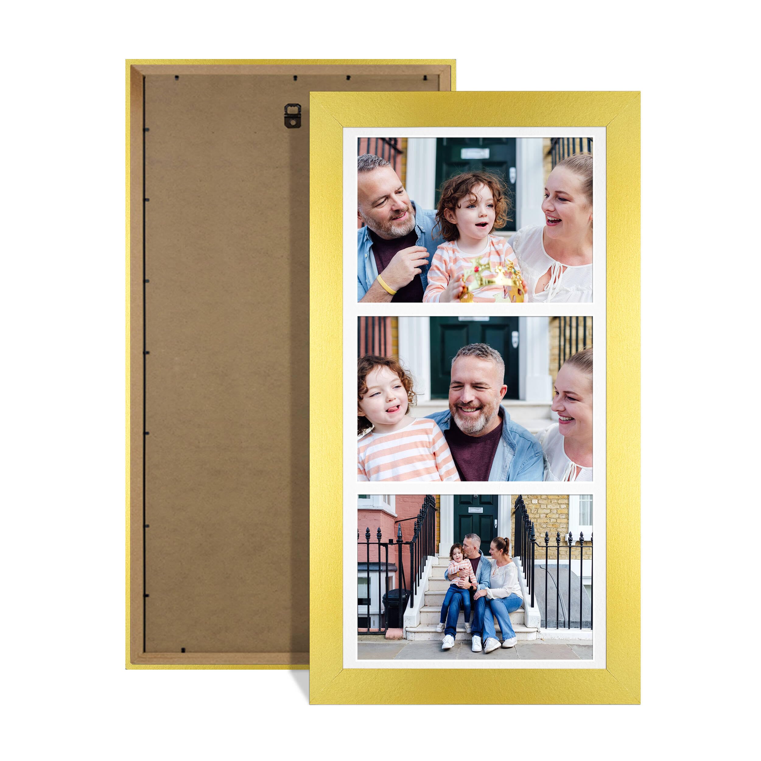 Alison Kingsgate Gold 16x8 Photo frames for multiple pictures-3 Apertures Collage Frame with White Mount - Holds (3x) 7x5 Photos - Engineered Wood & Perspex — image 1