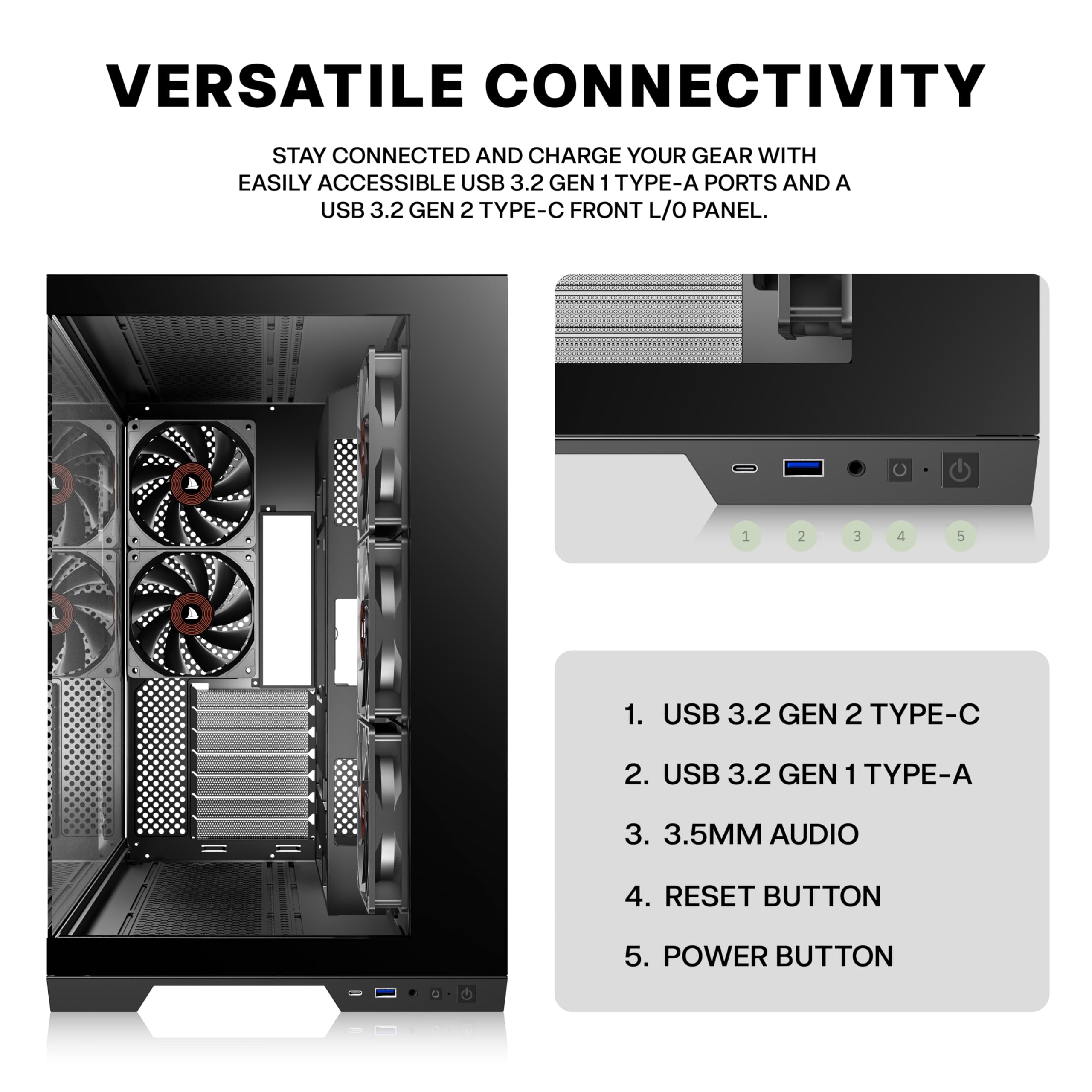 PCZZOI PC CASE ATX 5 Fans Pre-Installed, Type-C Mid Tower Computer Case with Full-View Dual Tempered Glass, Gaming PC Case,Black,K4（2026 Update Version） — view 5