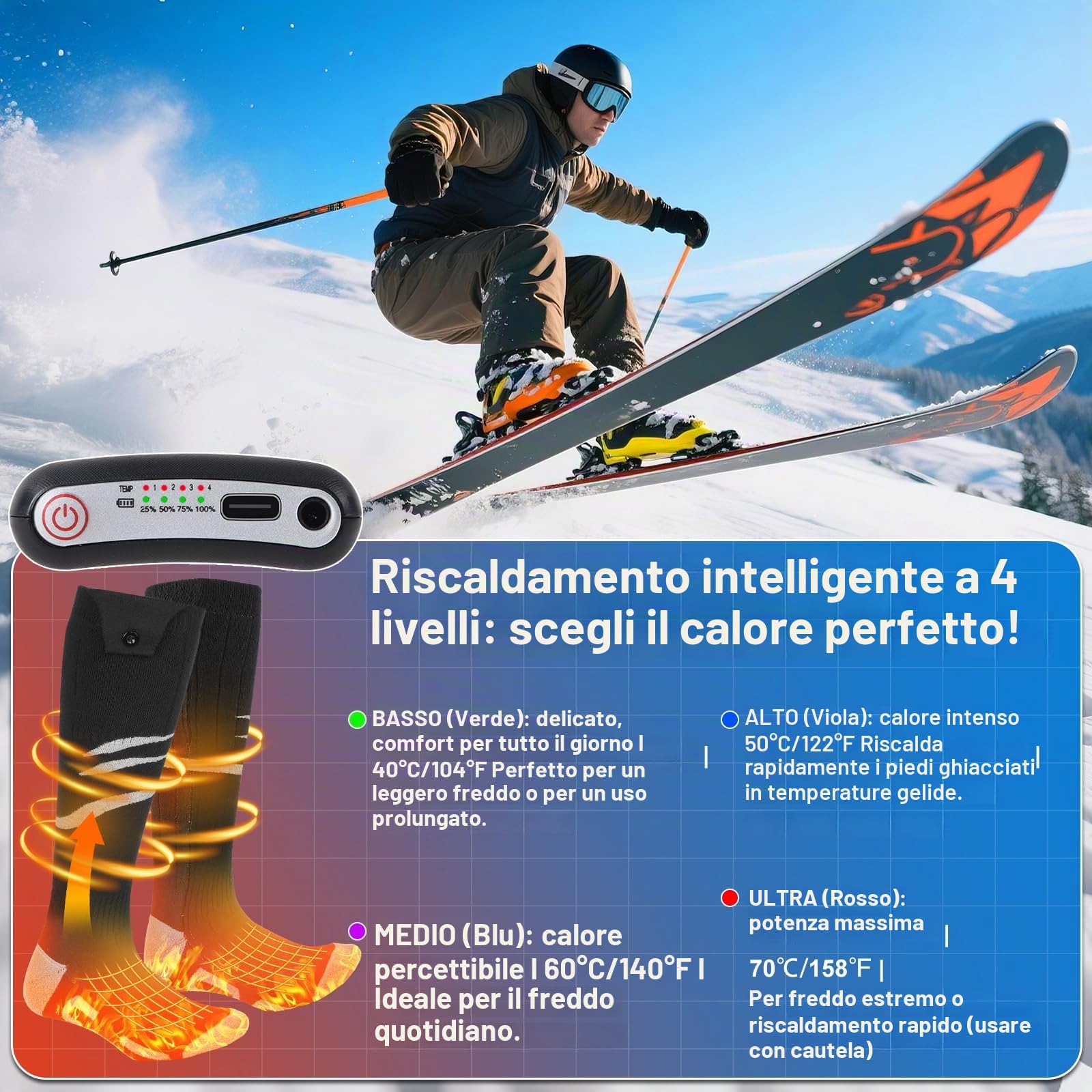 Calzini Riscaldati con APP Potenziati Batteria Ricaricabile da 5000mAh Calzini Riscaldati Elettrici per Uomo e Donna 4 Temperature Regolabili Ciclismo all'Aperto Campeggio Trekking Moto Sci L