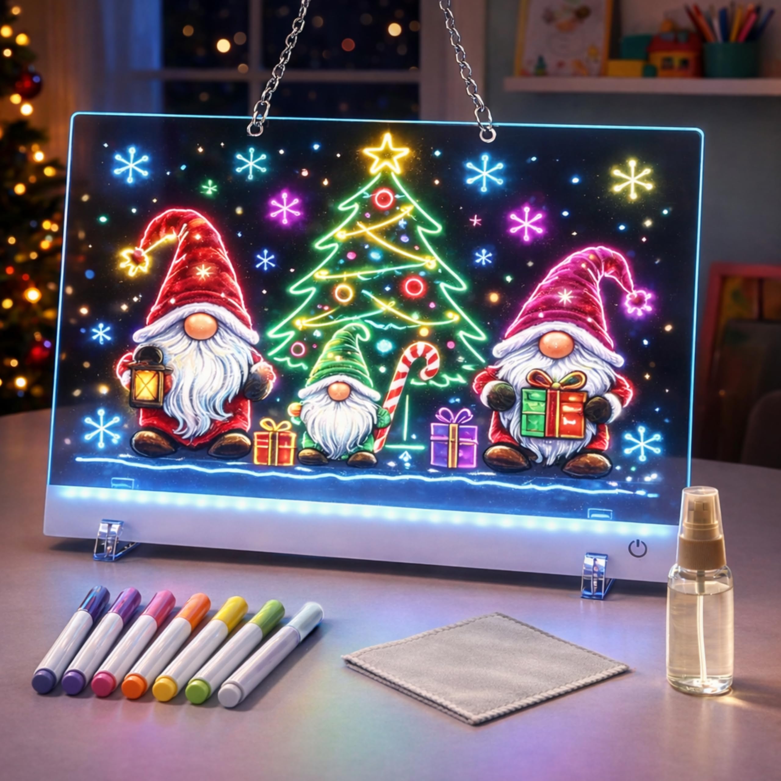 LED Drawing Board, 35 x 25 cm – Rechargeable Colour-Changing Light Up Acrylic Writing & Doodle Board with 7 Markers, 7 Colours & Auto Modes, Portable Night Light Gift