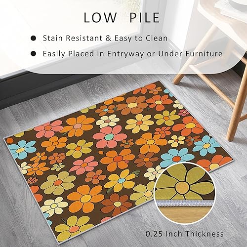 Miniatura 4 de Retro Floral Rugs for Living Room 5x6, 60s 70s Pattern Design Area Rug, Retro Floral Bedroom Decor Carpet, Non Slip, Washable (C47)