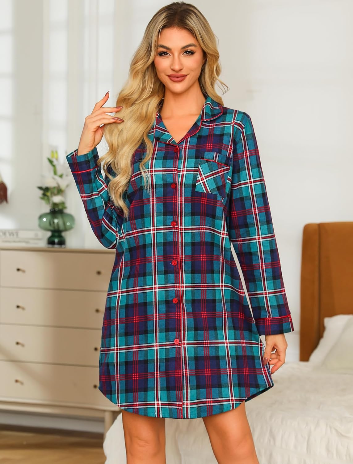 ENJOYNIGHT Women's Sleep Shirt Flannel Print Pajama Top Button-Front Nightshirt Sleepwear - Image 2