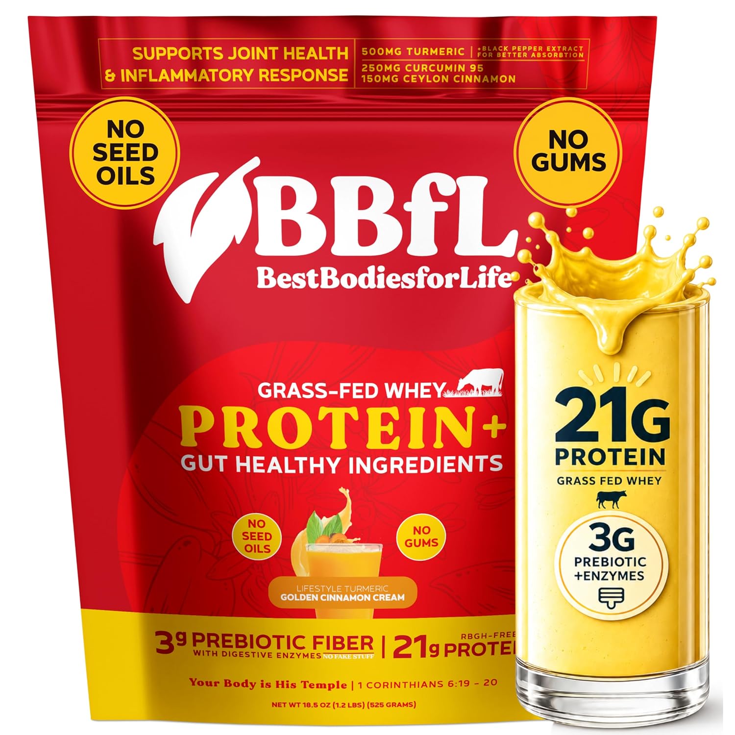 BBfL Grass-Fed Whey Protein Shake – 21g rBGH-Free Protein, Turmeric + Curcumin 95% + Ceylon Cinnamon, Apple Cider Vinegar, Prebiotics, Digestive Enzymes, Supports Inflammatory Response – All-in-One Shake (15 Servings, Turmeric Cream)