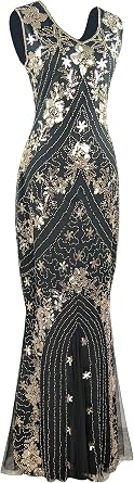1920s Sequin Gatsby Maxi Long Evening Prom Mermaid Hem Dress w/Accessories Set