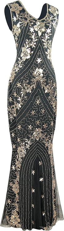1920s Sequin Gatsby Maxi Long Evening Prom Mermaid Hem Dress w/Accessories Set
