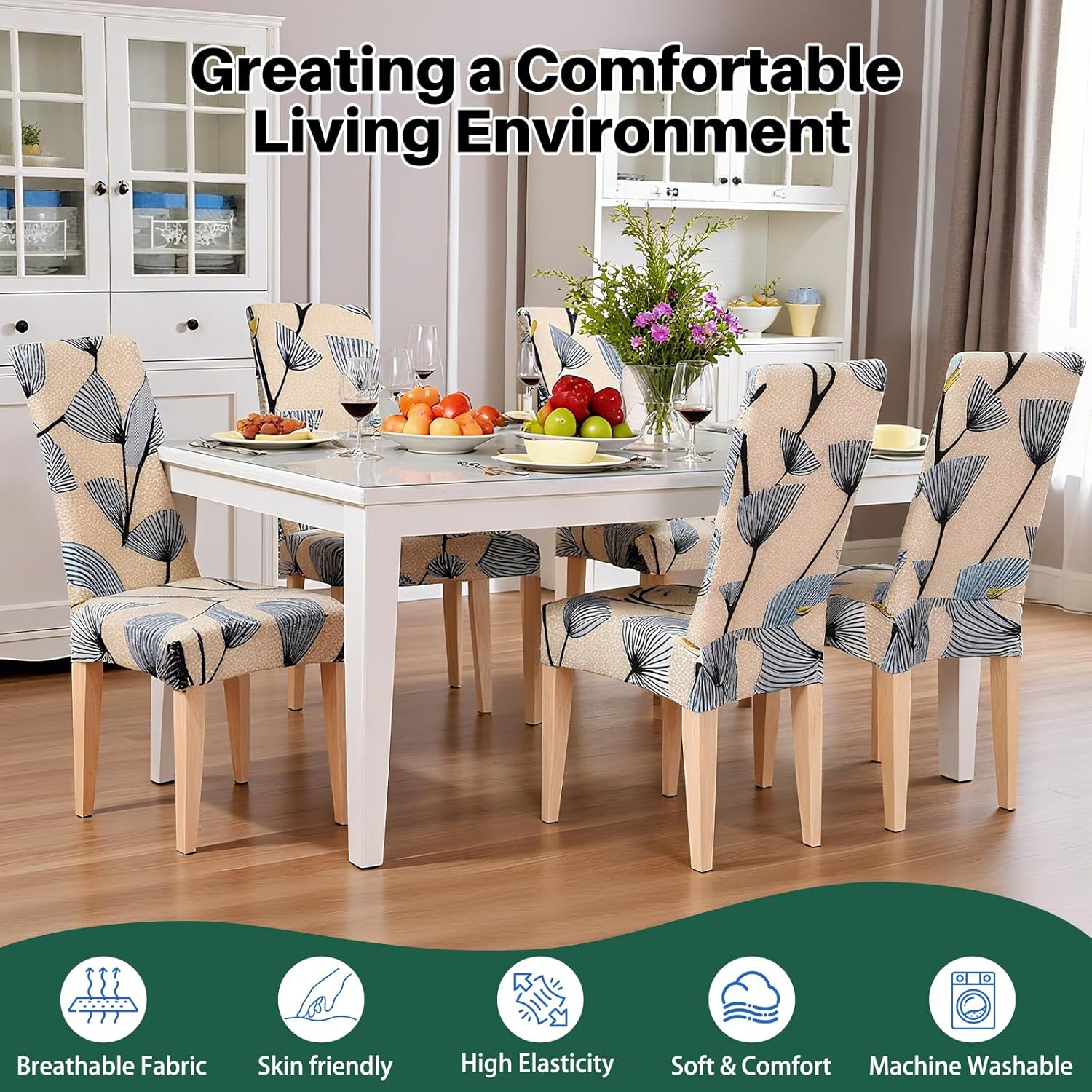 dioxide high stretch chair covers for dining chairs, washable dining chair covers set of 4, soft kitchen chairs seat covers, parsons chair slipcovers protectors for home hotel restaurant banquet dandelion 4pcs