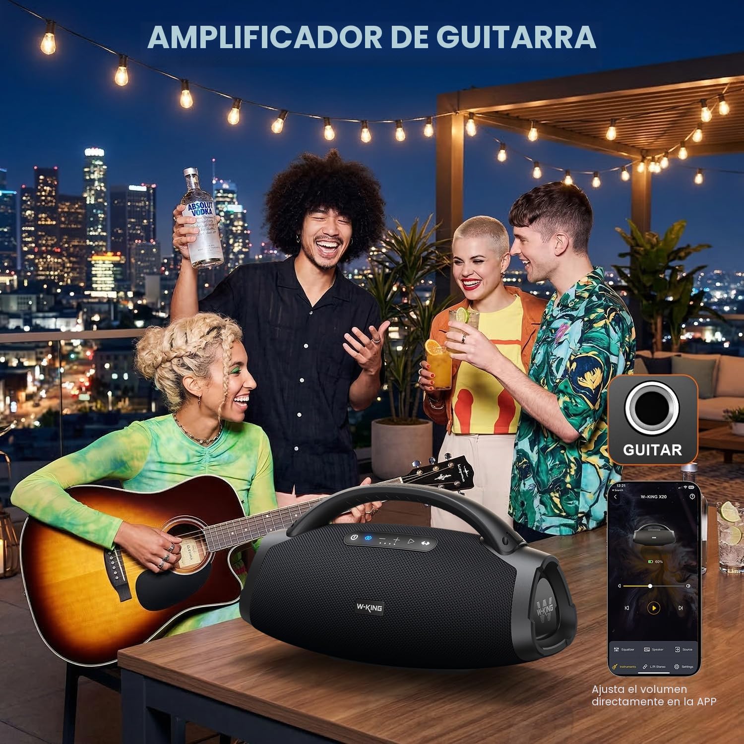 W-KING 330W Peak 200W RMS Altavoz Bluetooth portátil, Grande Caja De Música, Boombox Portátil Ruidoso Supergraves, Speaker con EQ App/Bluetooth 5.4/IPX7/PowerBank/Carga Rapida/USB/AUX/30H/Guitare-IN