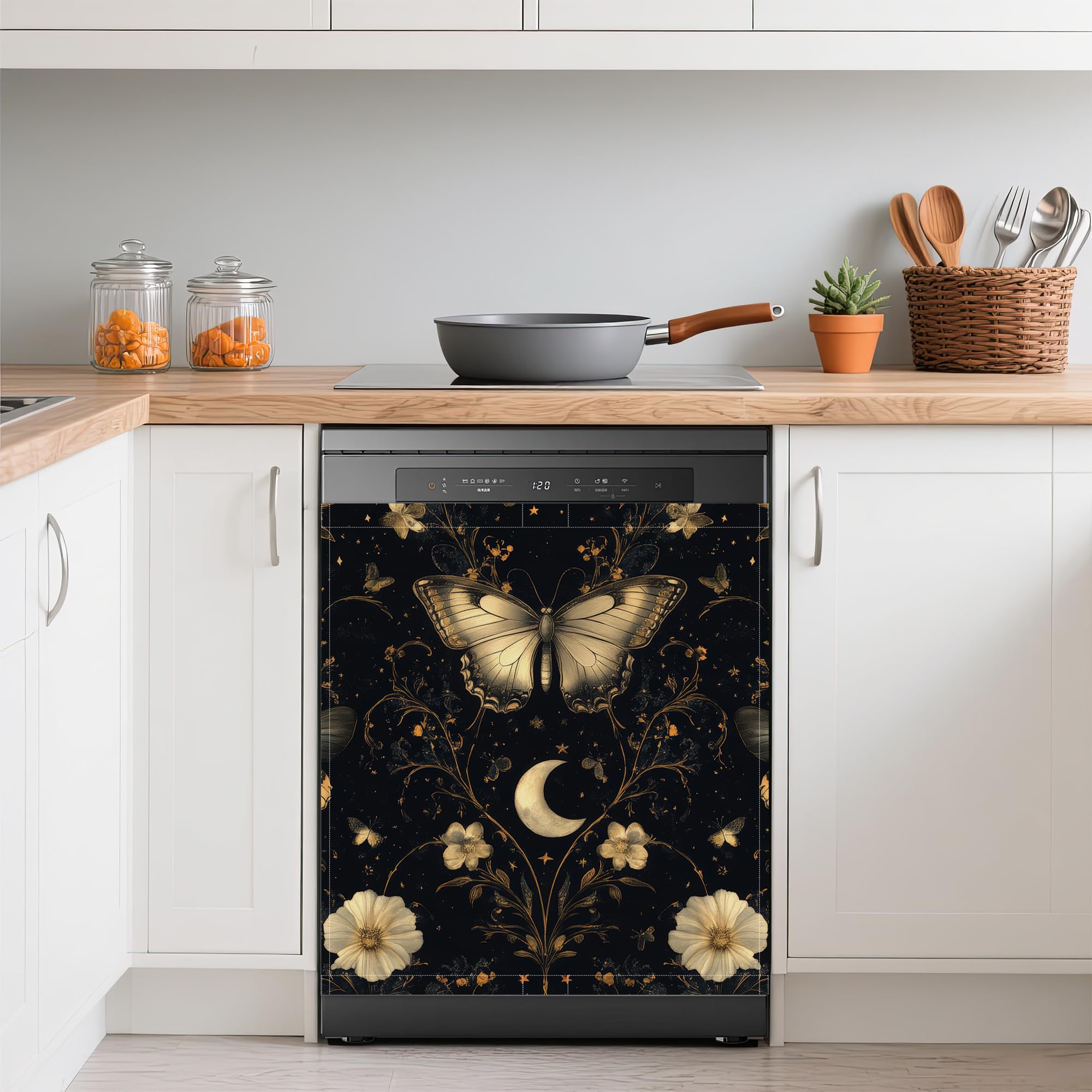 Retro Butterly Refrigerator Magnet Cover,Gothic Garden Flower Washable Dishwasher Magnets Decorative Cover,Home Kitchen Decorative Dishwasher Front Panel Cover 23x26 Inch
