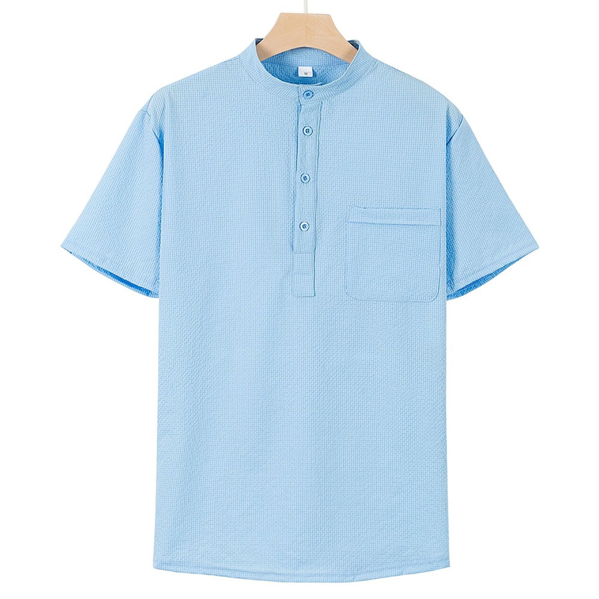 Zylphorix Men Quarter Button Short Sleeve T-Shirt Stand Collar Breathable Plaid Shirts Summer Cozy Workplace Polo Pullover (Light Blue,XX-Large)