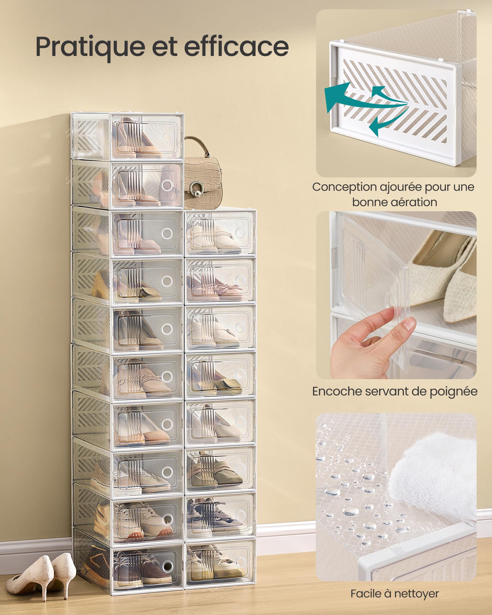 SONGMICS Boîte à Chaussures Transparent, Lot de 12, Boîte de Rangement, Pointure 43, Empilables, Robuste, pour Collections de Baskets, Talons Hauts, Transparent et Blanc LSP106W12V2