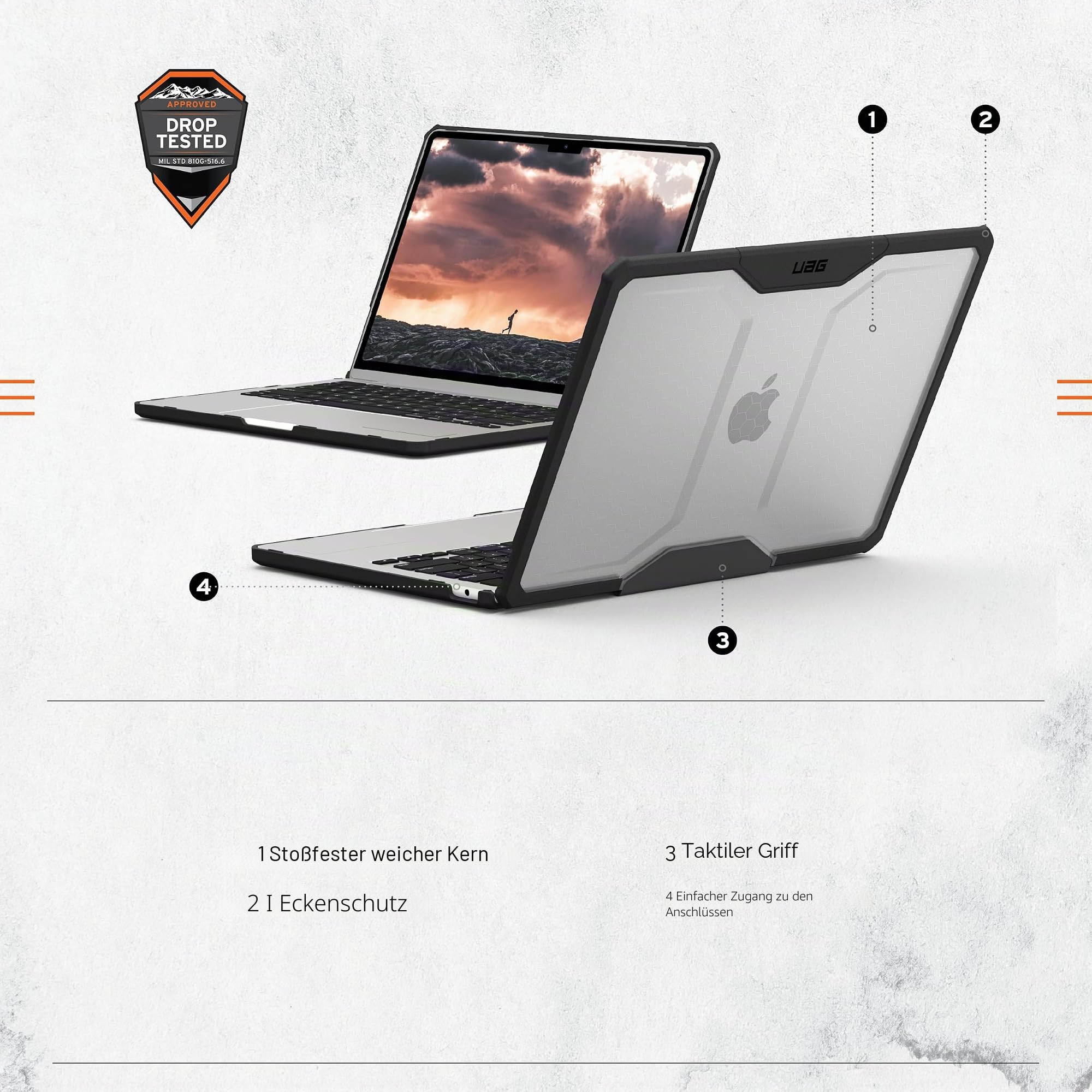 URBAN ARMOR GEAR Plyo Case für das Apple MacBook Air 13 Hülle (M5 / M4 / M3 / M2-2026/2025 / 2024/2022, Case nach US-Militärstandard, Freier Zugang zu Allen Anschlüssen) Ice/schwarz