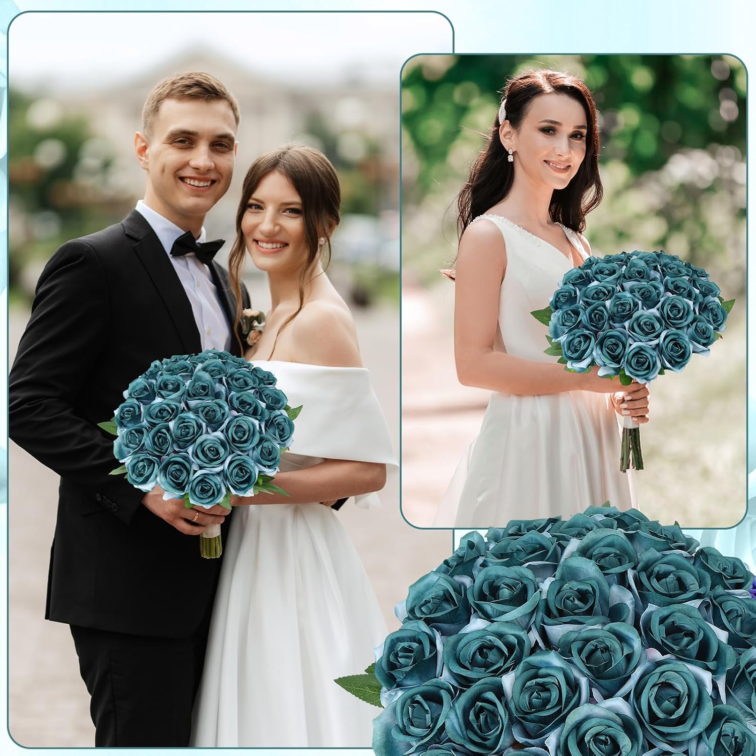 80 Pcs Roses Artificial Flowers, Silk Gradient Dusty Blue Artificial Flowers Petals Long Stem Roses for Wedding Bouquet Home Party Decor - Image 5