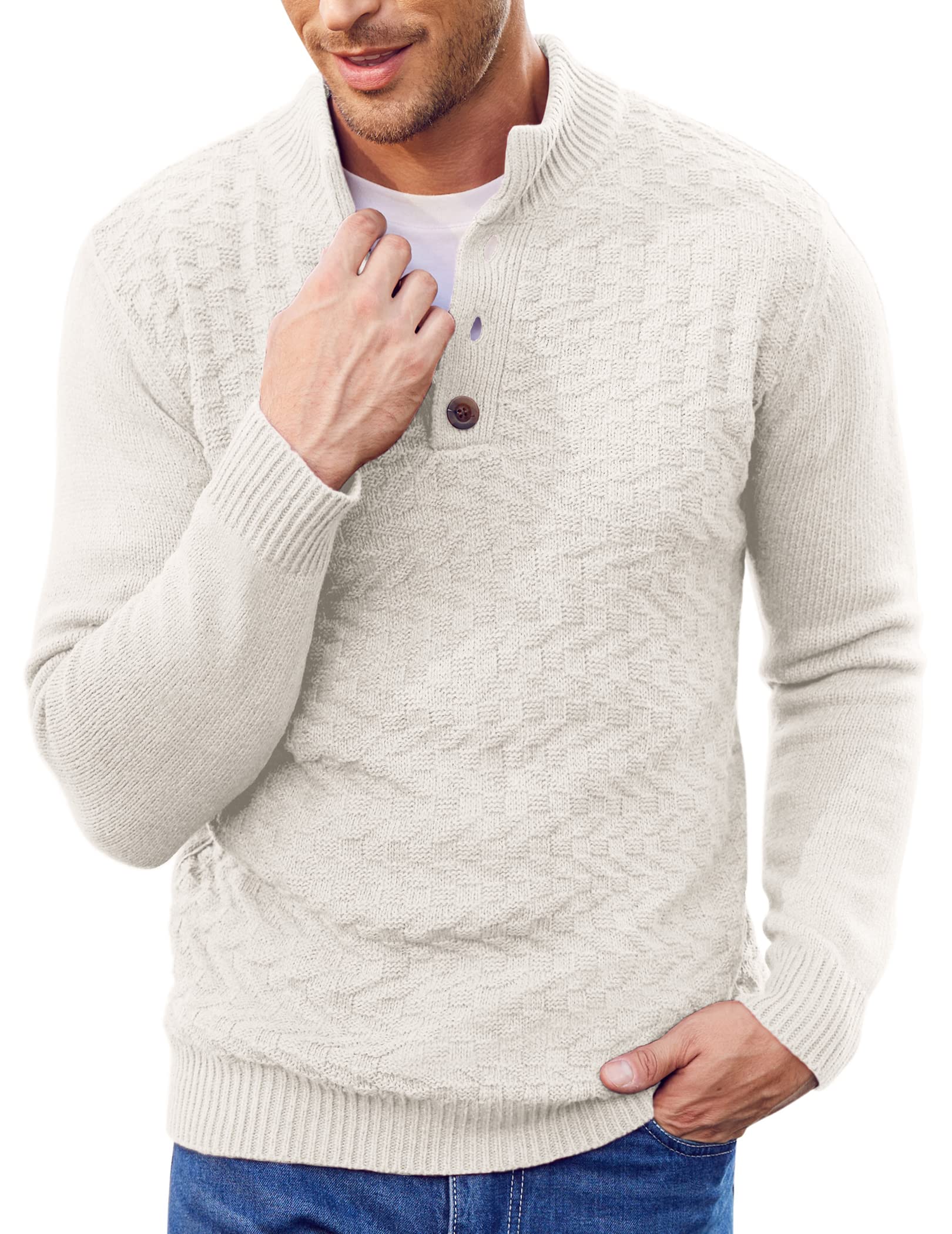 COOFANDY Men Mock Neck Button Sweater Casual Knitted...