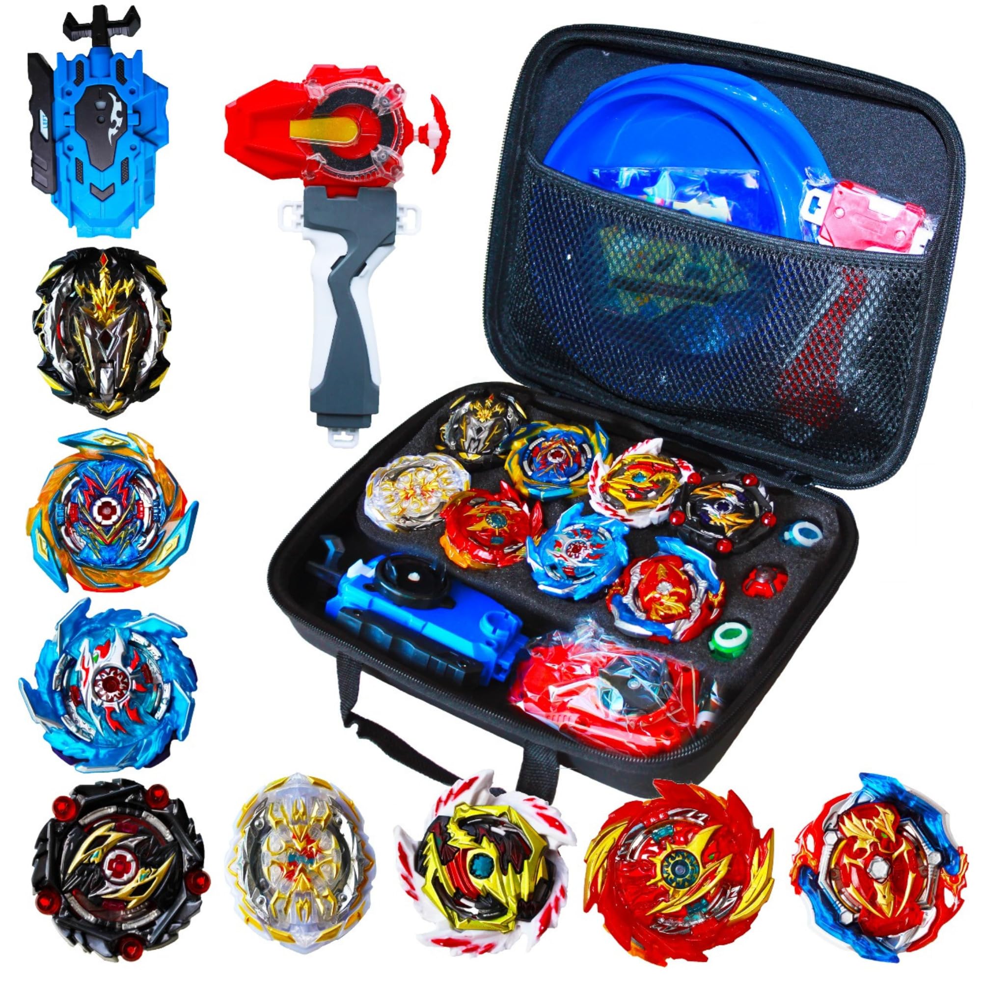 Set of 8 Spinning Top with Launcher 2-Way, Battling Top for Boys with Organizer Bag, Gyro Spinner Burst Combat Fighting Toy, Kids Battle Toys for Competition
