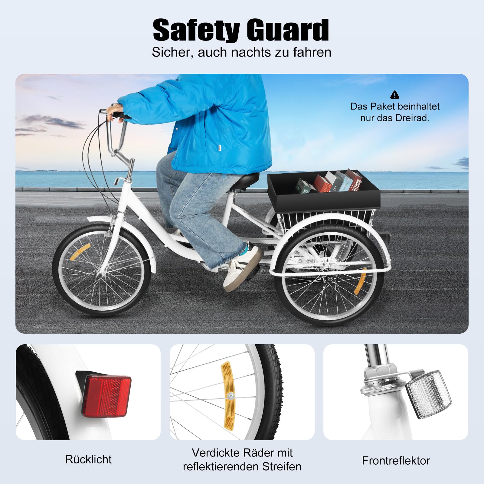 Driewieler 20/24 Inch, 7/8 Versnellingen Voor Volwassenen - Seniorenfiets, 3 -Wieler Met Boodschappenmand, Cargo-Bike Voor Senioren en Vrouwen (Zwart, 24 Inch 7 Versnellingen