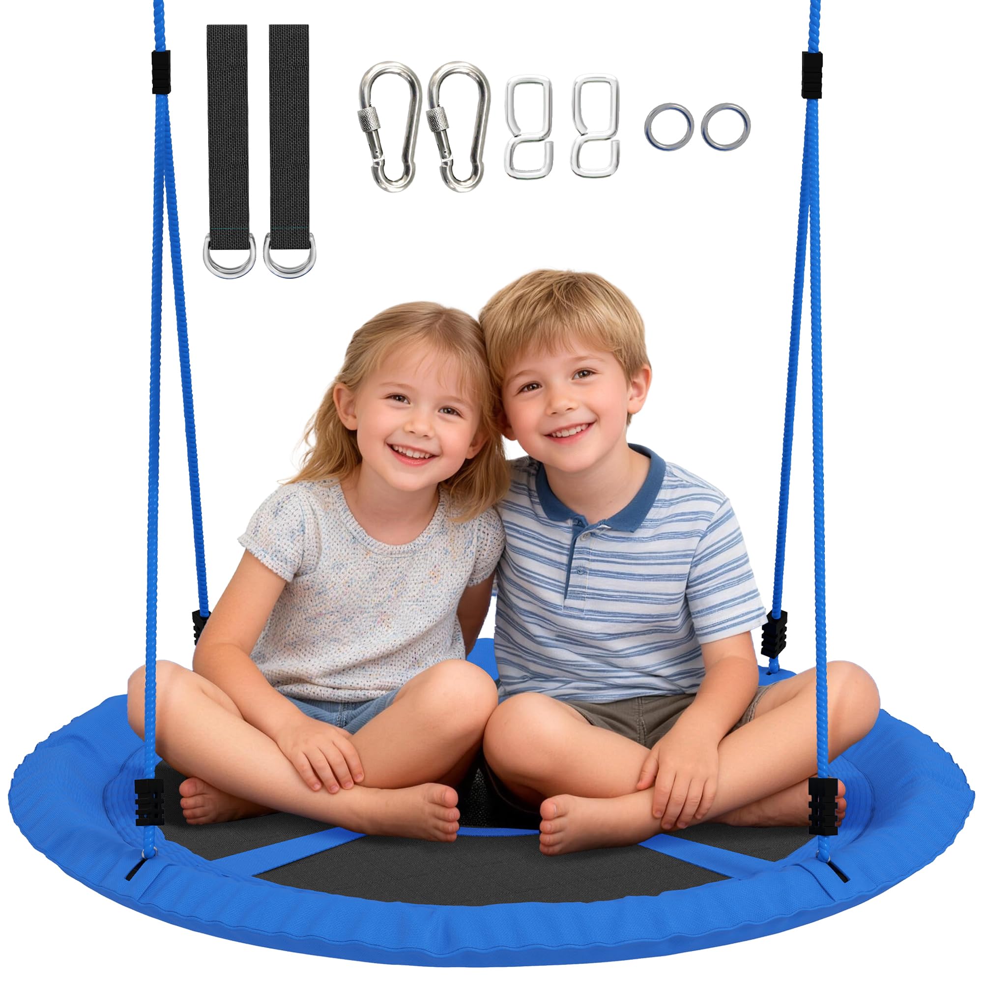 AIYAPLAY Balançoire Nid d'Oiseau Cordes Réglables 2 Enfants Ø 80 cm Bleu | Siège Rond, Charge 200 kg, Aire de Jeux Extérieure, Jardin, Terrasse, Arrière-Cour