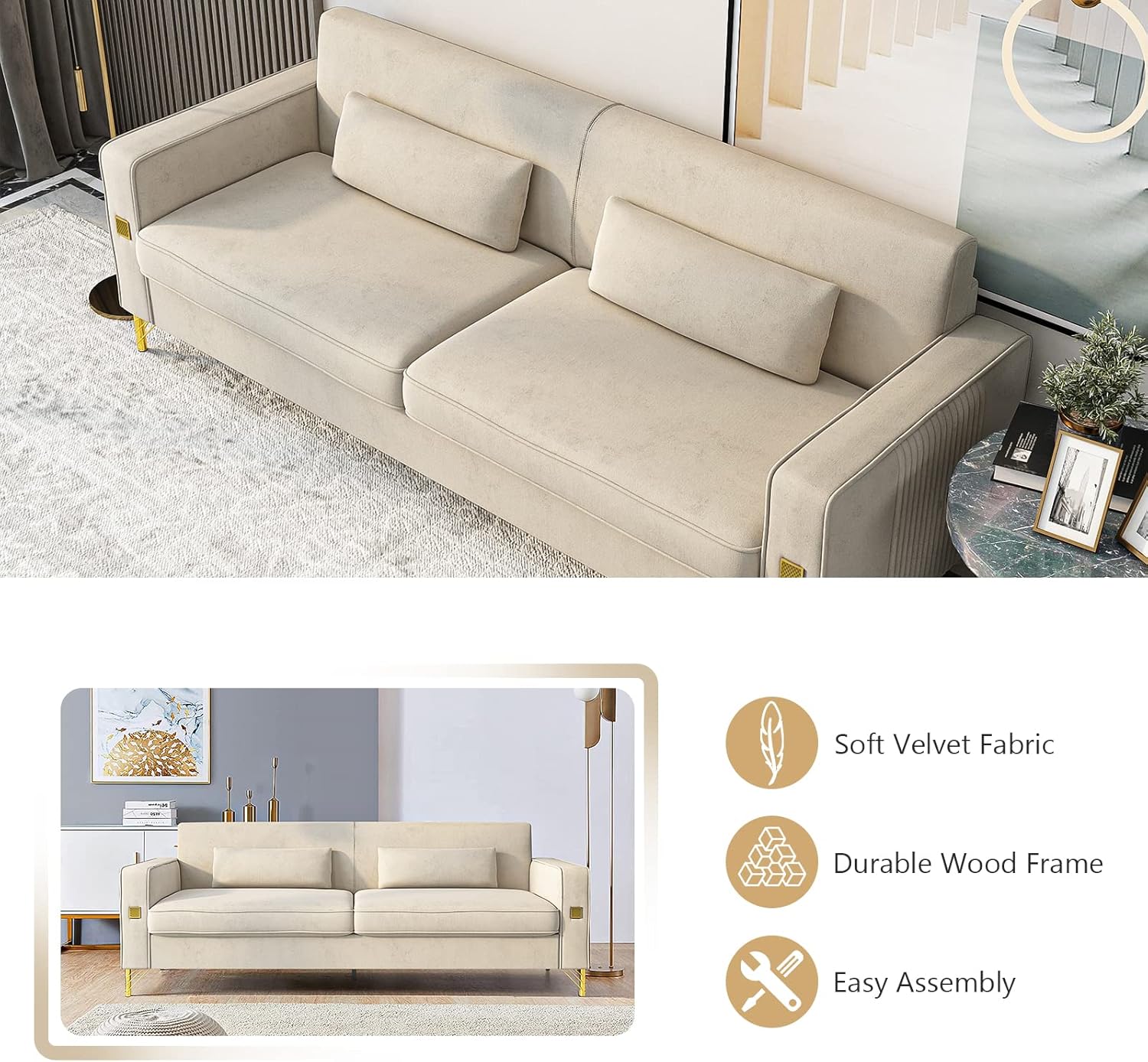 Hommoo 85" Velvet Sofa with Deep Seat, 3 Seater Couch for Living Room Bedroom Office, Small Loveseat with Detachable Cover, Modern Sofa Comfy Fabric with Throw Pillows Gold Metal Leg Beige