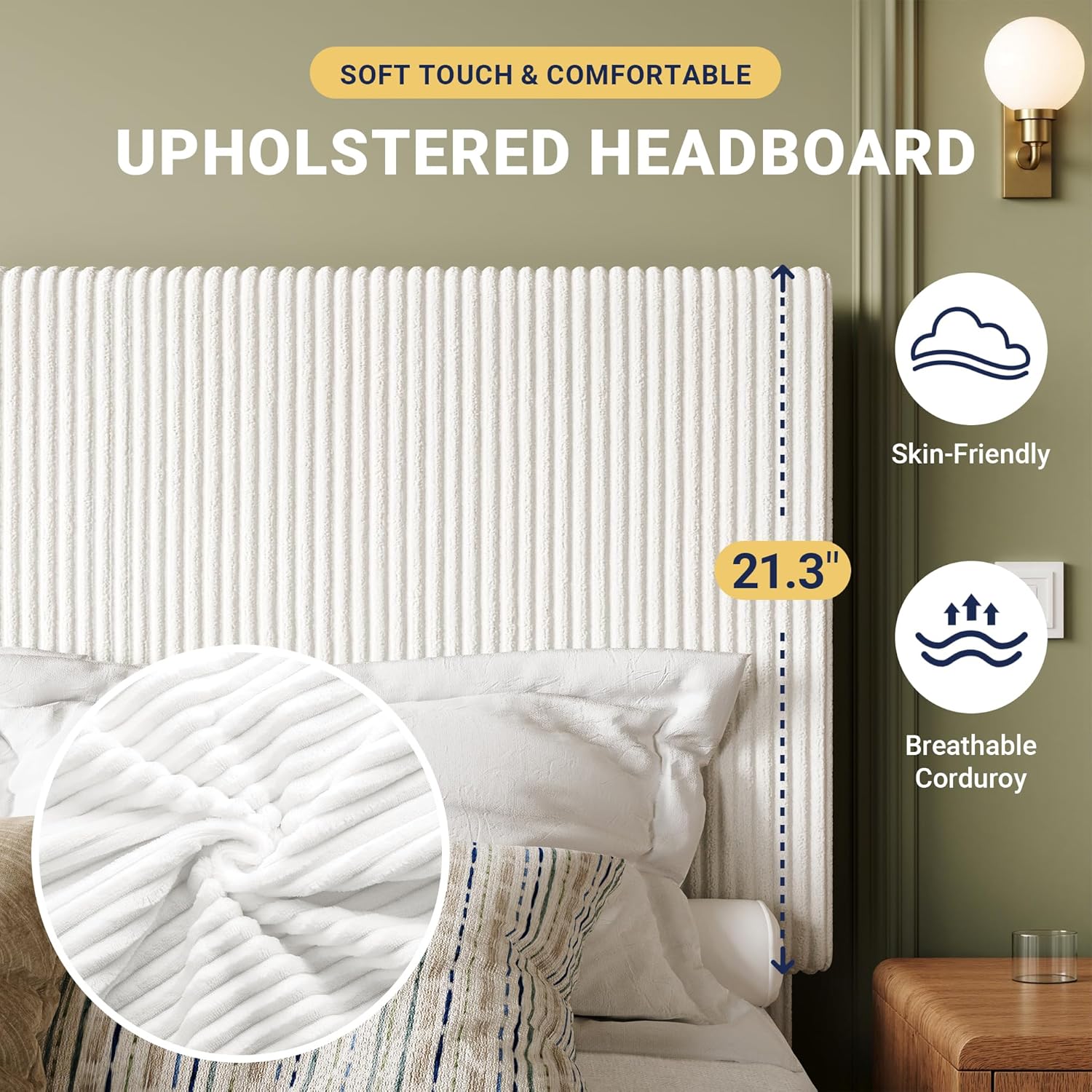 Allewie Queen Bed Frame, Upholstered Platform Bed, Adjustable Vertical Channel Tufted Headboard, Corduroy Fabric, Modern Low Profile, Wooden Slats, No Box Spring Needed, Easy Assembly, White