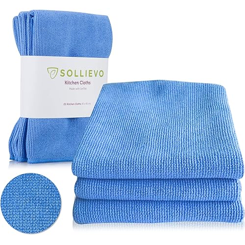 SOLLIEVO Kitchen Microfiber Cleaning Cloth - 3 Pack (Blue) - 300 Wash Guarantee -Premium Quality Lint Free- Streak Free Made with IonTek™