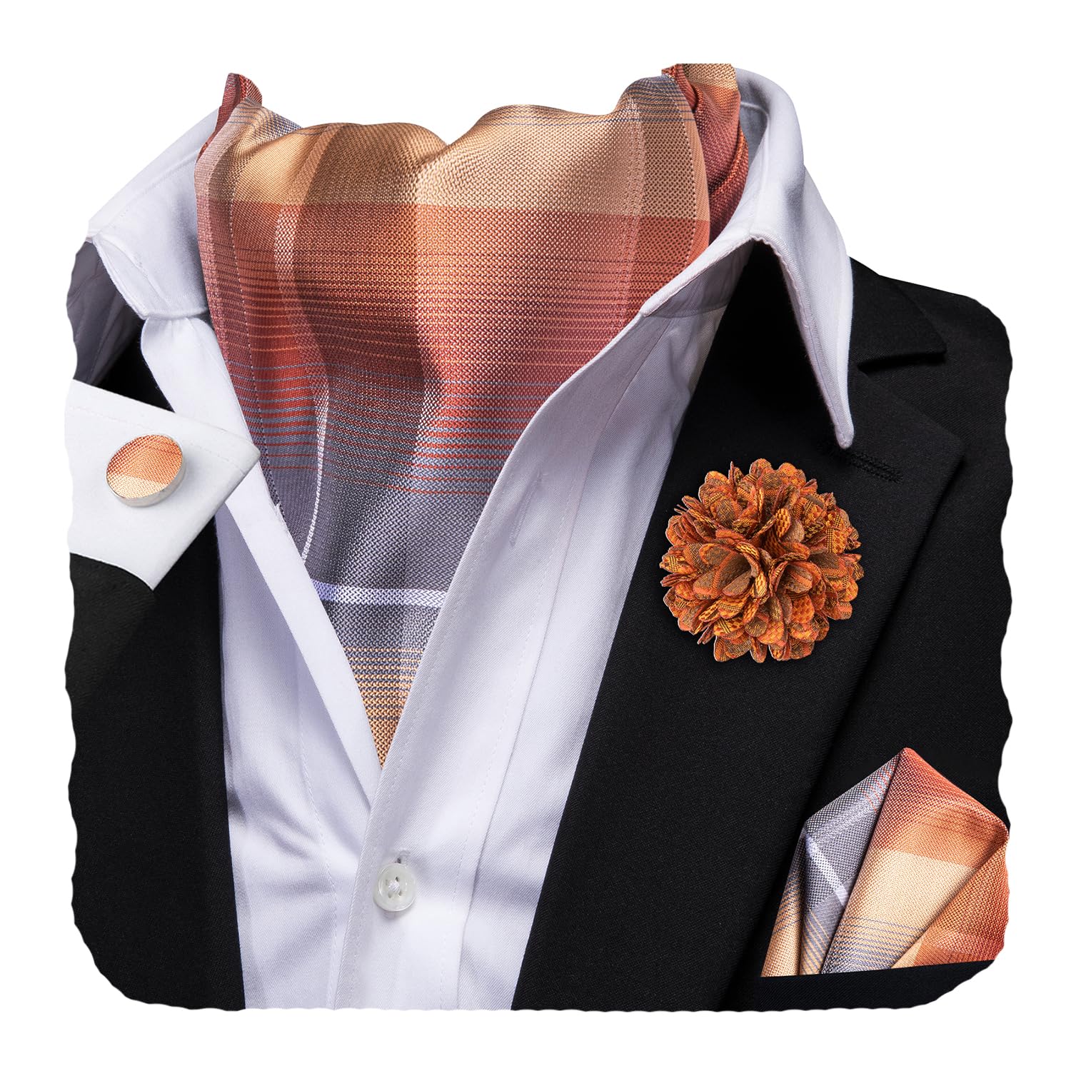 Hi-Tie Silk Ascot for Men Self Tie Men's Cravat and Flower Lapel Pin Handkerchief Cufflinks Set for Wedding Party