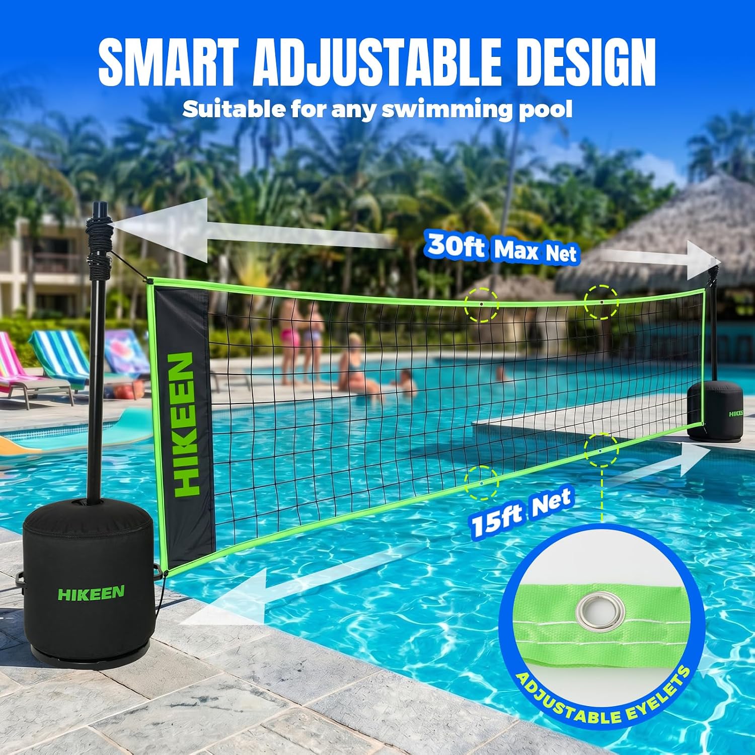 Hikeen Pro Pool Volleyball Net, 15-30FT Adjustable Full Set with Weighted Base, Aluminum Alloy Tubes & Volleyball, Heavy-Duty System for Pool Games & Water Activities
