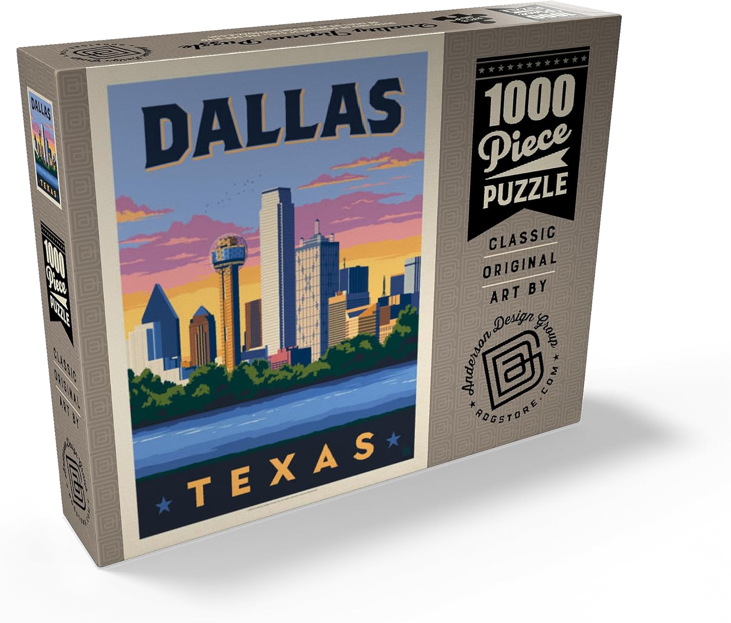 MyPuzzle Dallas, Texas: Downtown River View, Vintage Poster - Premium 1000 Piece Jigsaw Puzzle for Adults