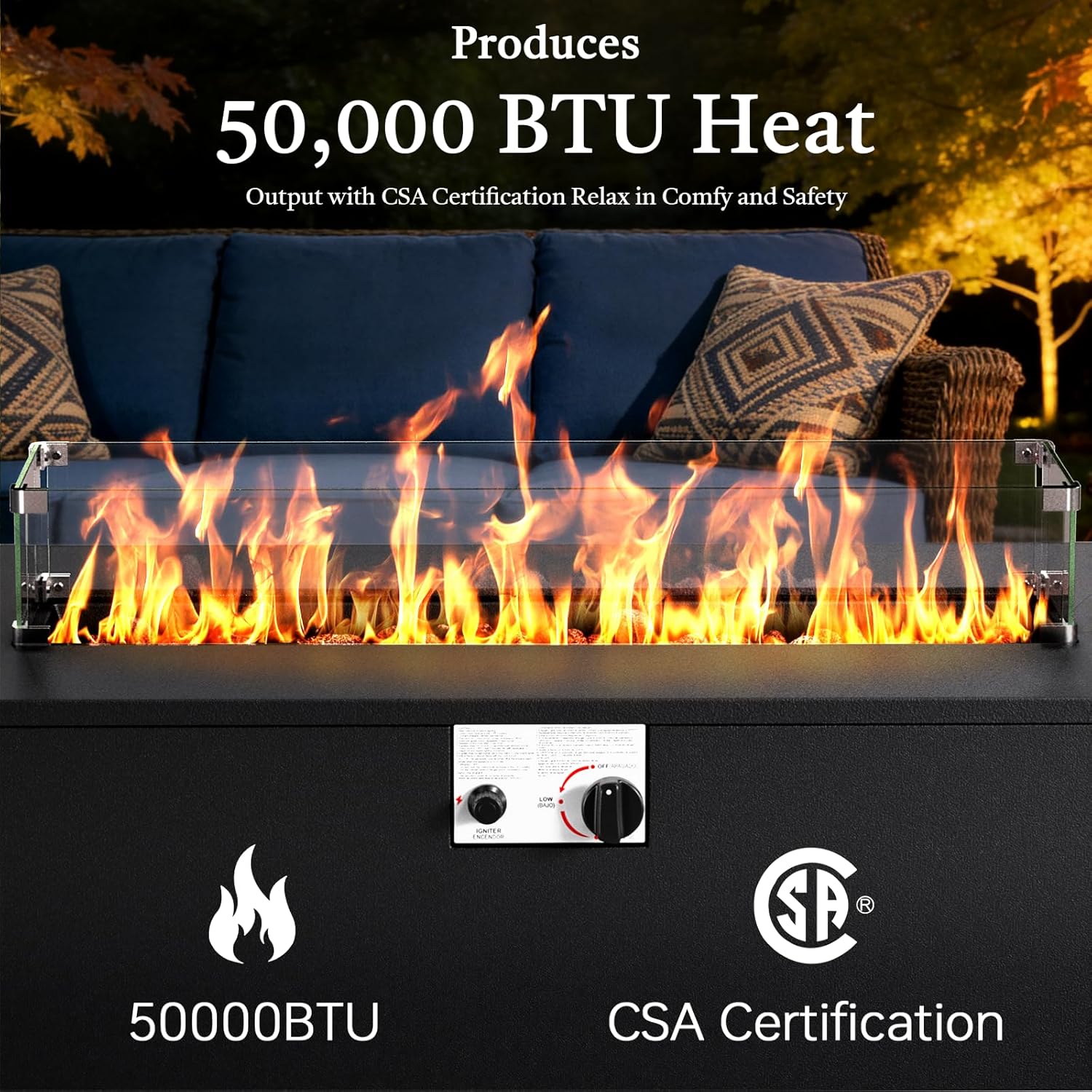 Belord 42 Inch Outdoor Propane Fire Pit - 50,000 BTU Iron Rectangular Fire Pit Table with Hidden Tank Table, CSA Certifed, Lid & Guard Glass, 2 in 1 Outdoor Gas Fireplace for Patio Deck, Black